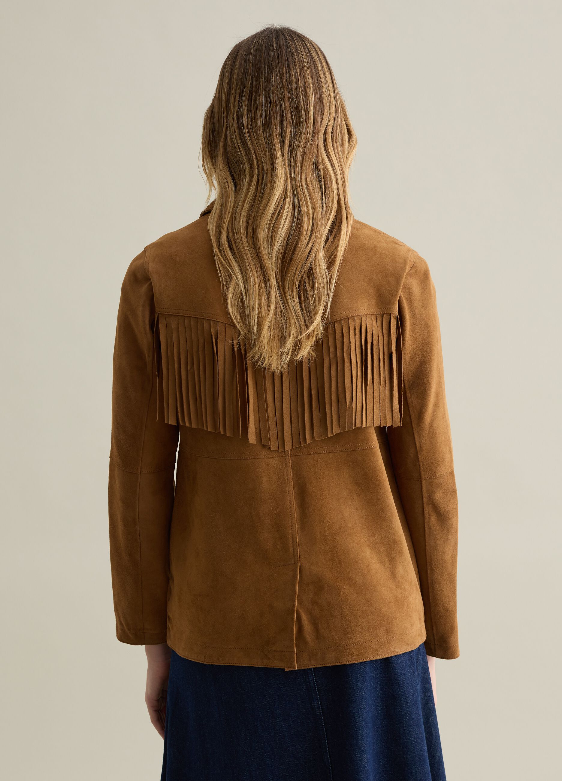 Giacca sahariana cammello in vera pelle con frange