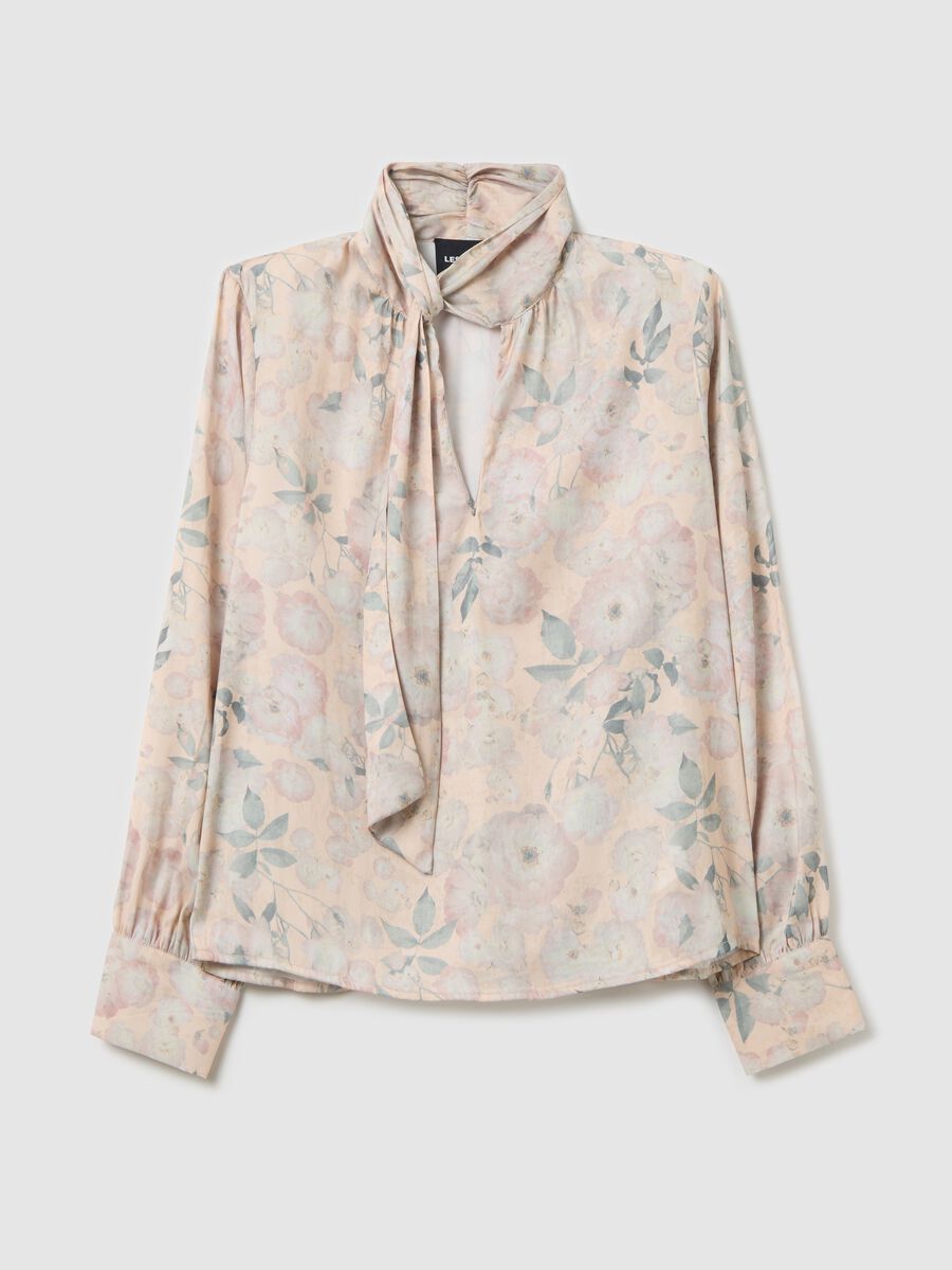 Blusa beige in fantasia floreale con fiocco_0