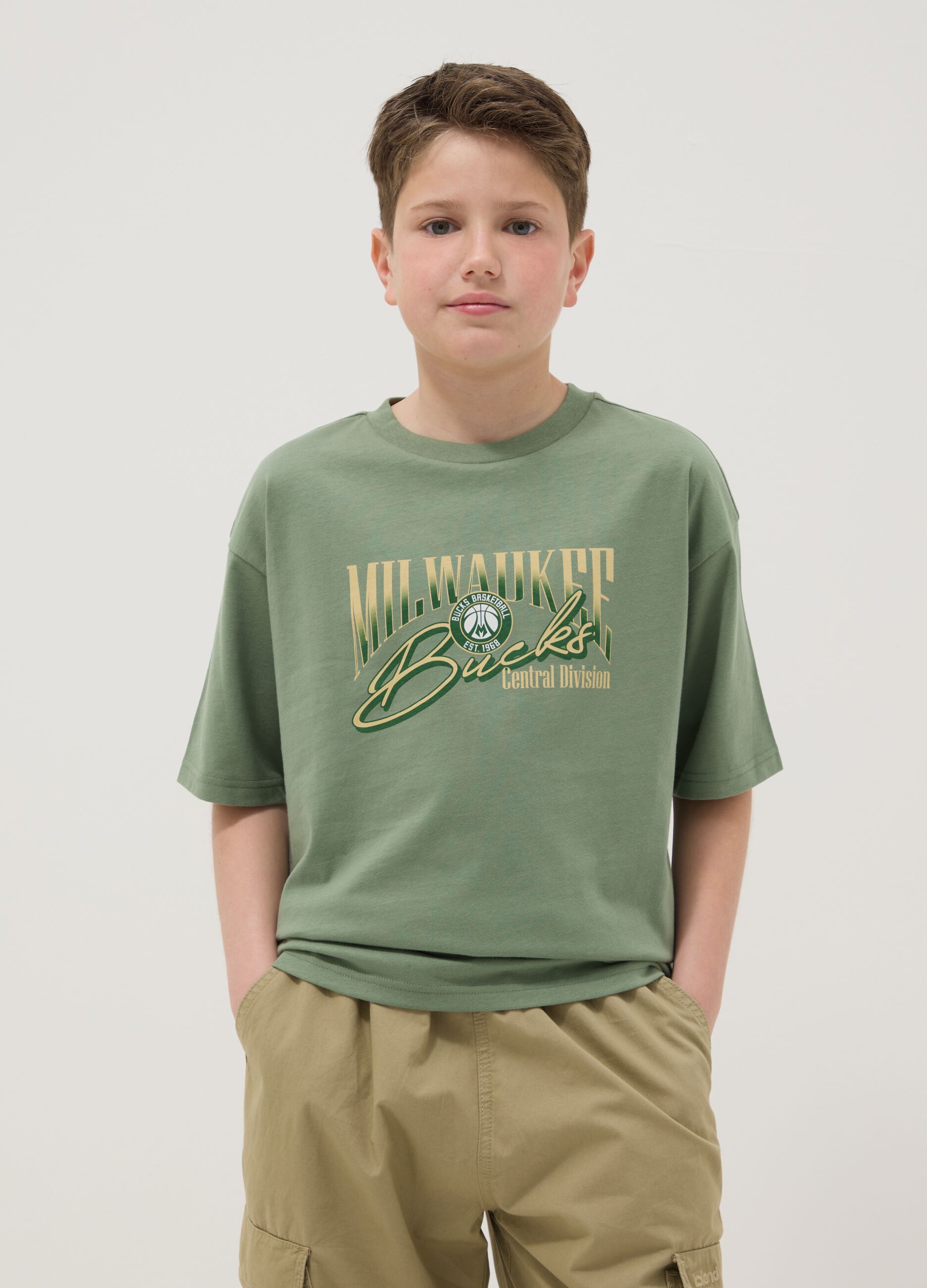 Children's green pure cotton oversized fit Milwaukee Bucks T-shirt