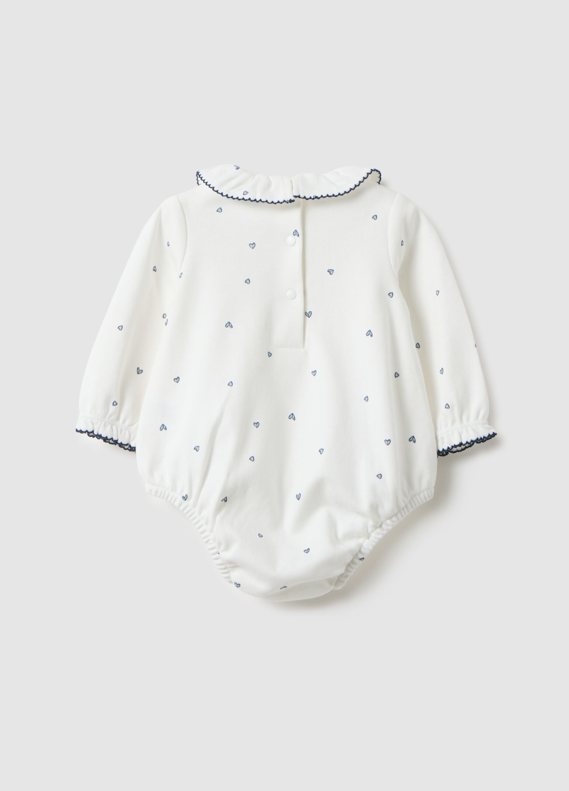 Body in puro cotone bianco da neonata con colletto a volant e cuori