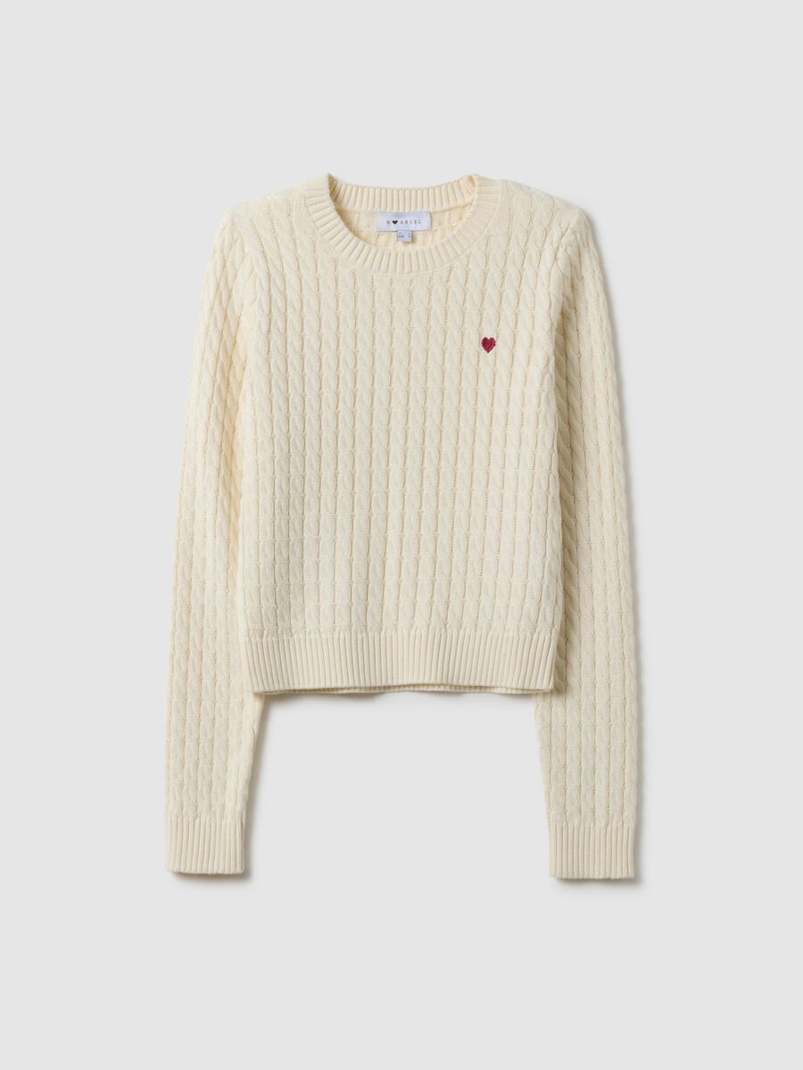 White pure cotton regular fit pullover with cable knit design_0