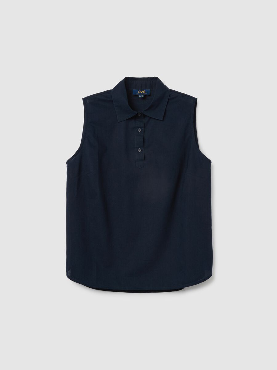 Camicia smanicata da donna in puro cotone blu regular fit_0