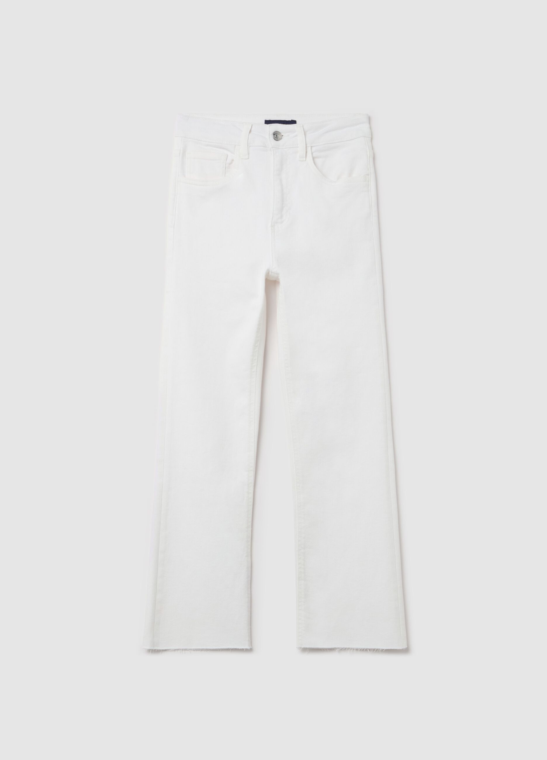 Cropped white flare-fit jeans with raw edging
