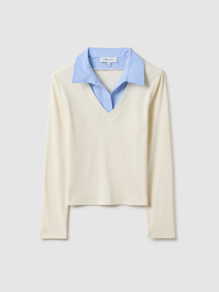 Beige regular fit stretch cotton T-shirt with contrast collar_4