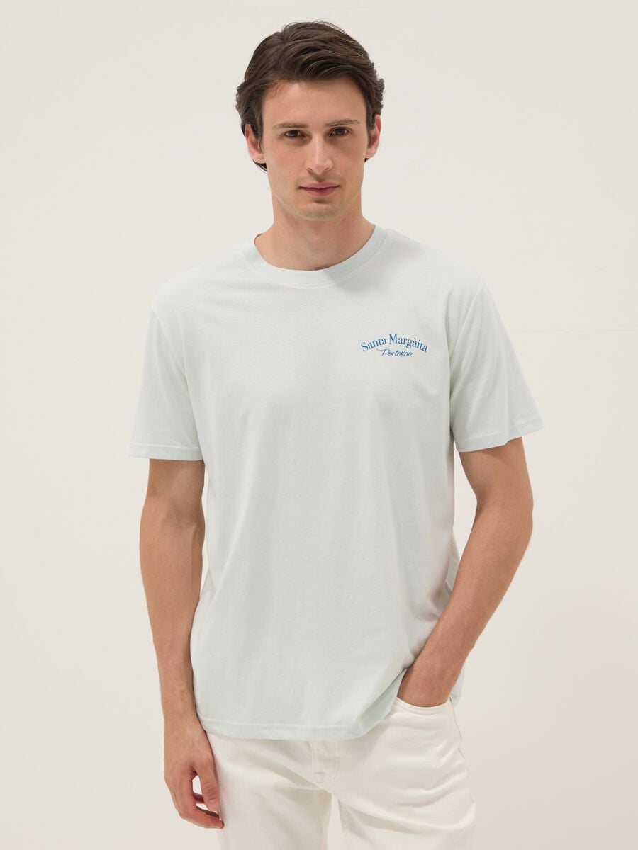 T-shirt azzurra con scritta in puro cotone regular fit_0