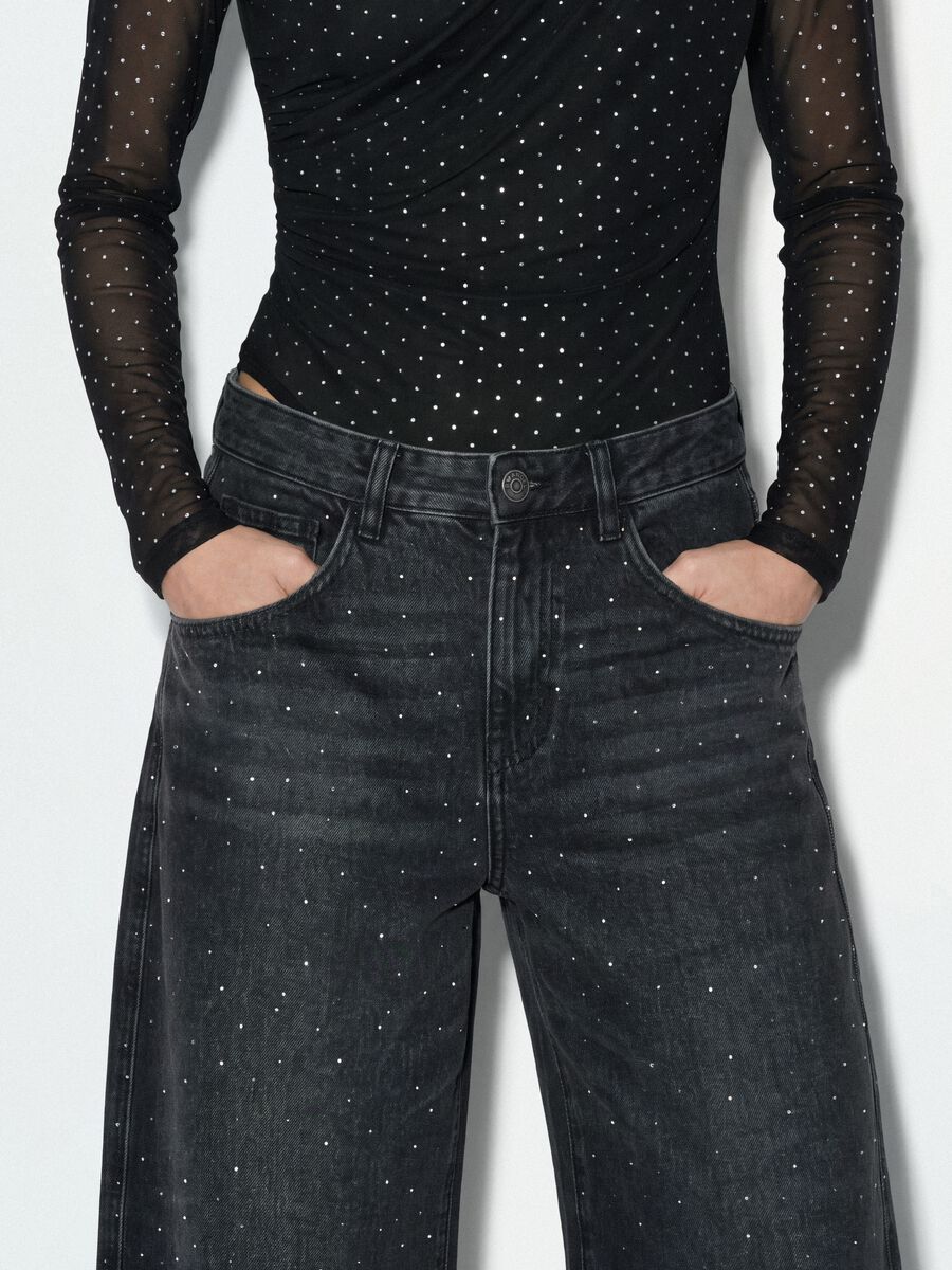 Jeans neri in puro cotone skater fit con strass_2