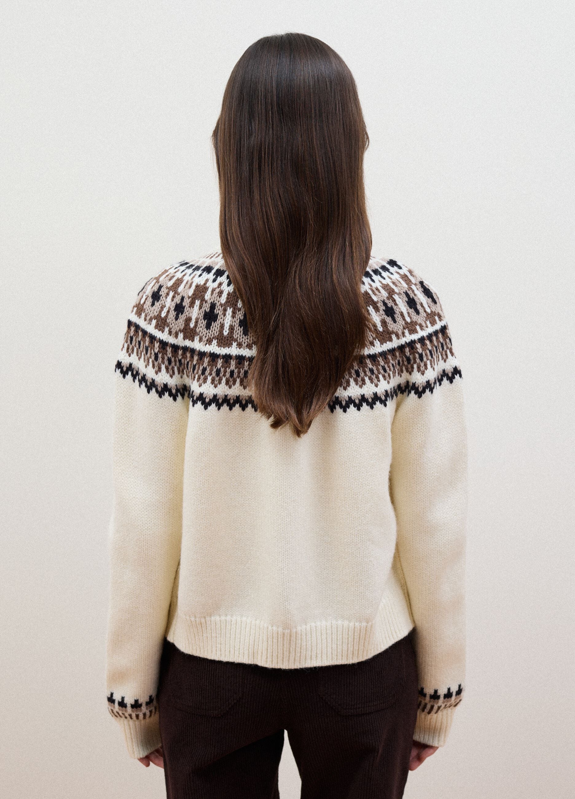 White jacquard wool-blend crew-neck cardigan
