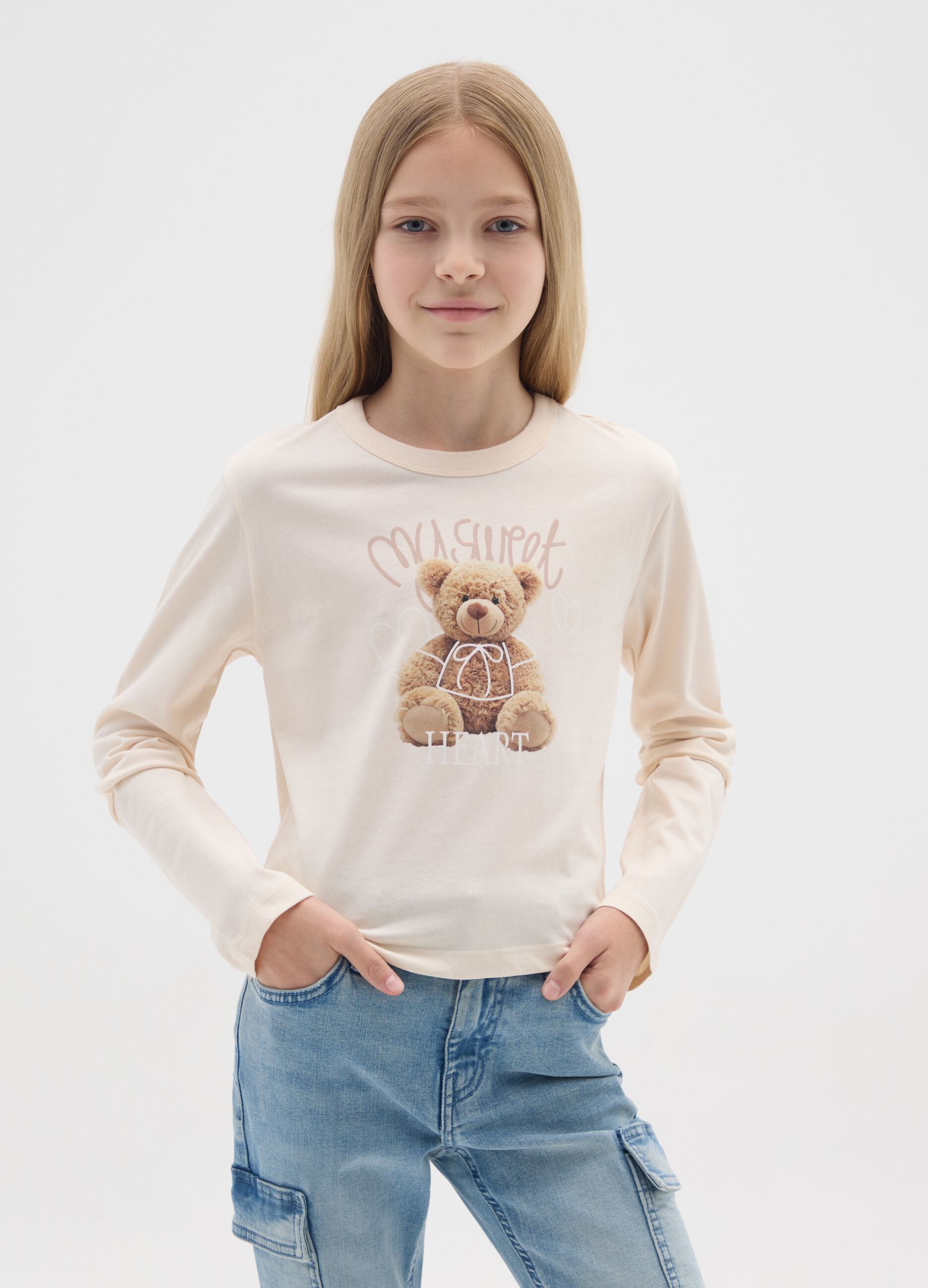 Girl's pure cotton beige T-shirt with print