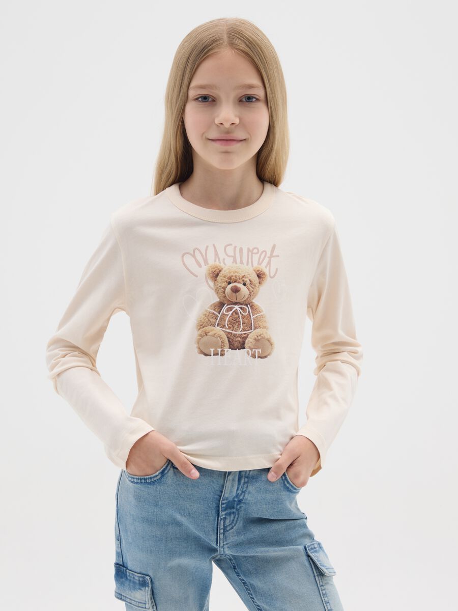 Maglietta da ragazza in puro cotone beige con stampa_0