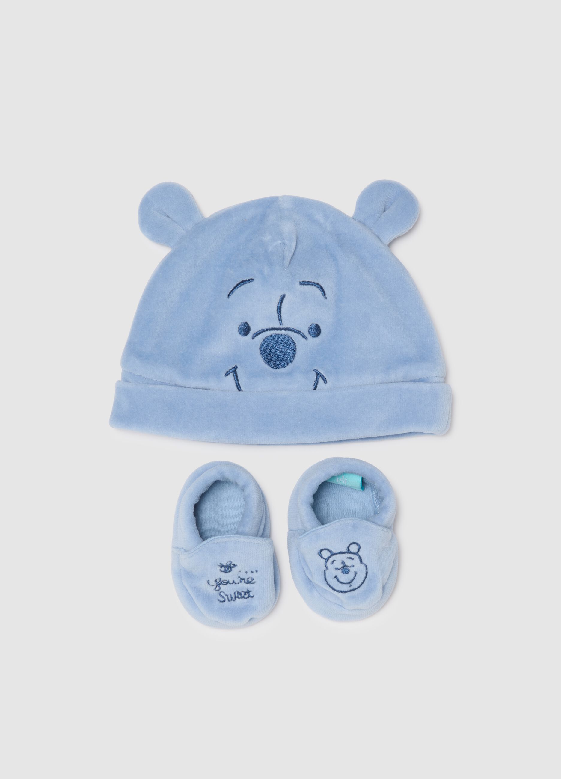 Blue cotton baby hat and shoes
