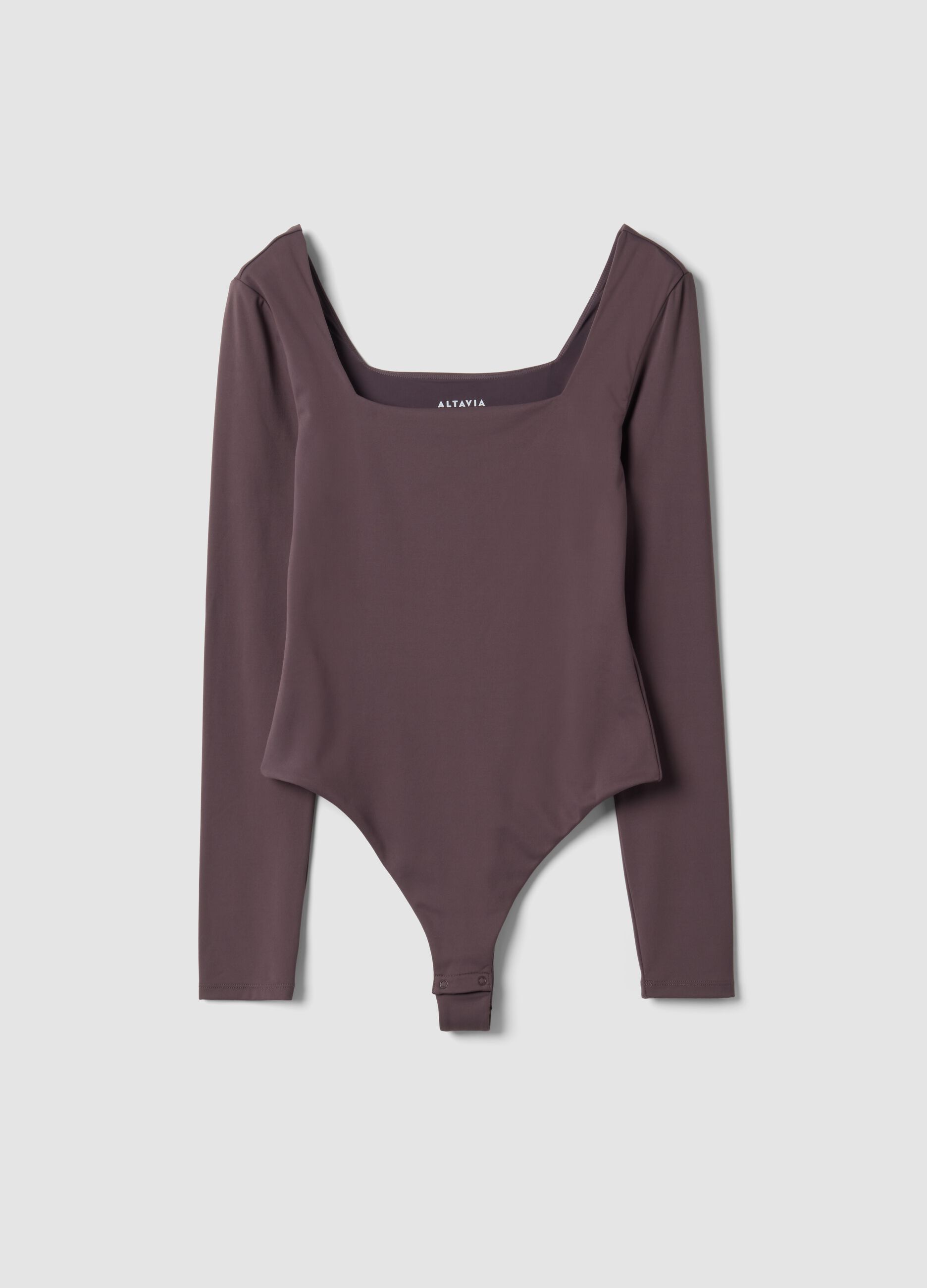 Brown stretch-fabric bodysuit with sweetheart neckline