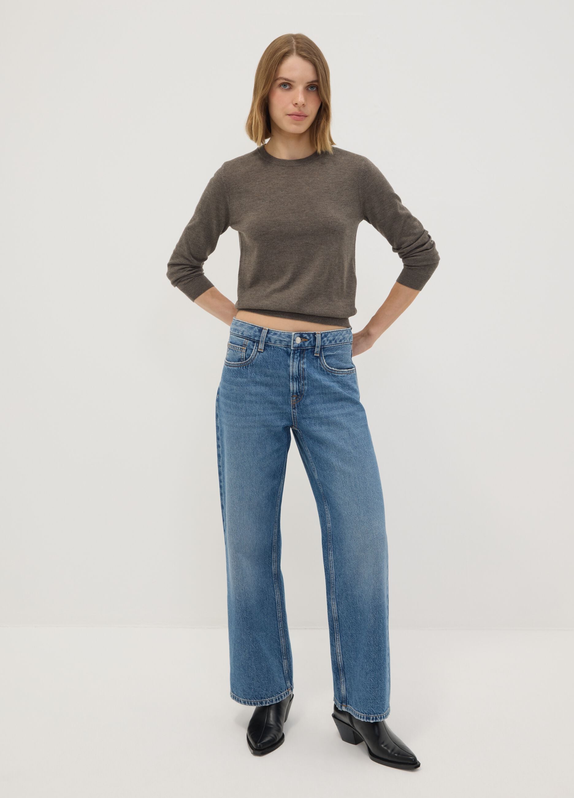 Grey crew-neck wool-blend jumper, regular fit