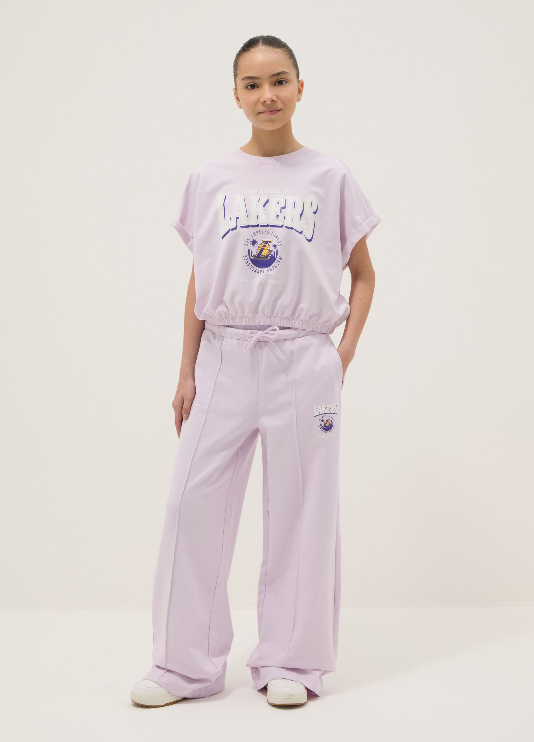 Jogging set viola in cotone elasticizzato con stampa Lakers da ragazza regular fit