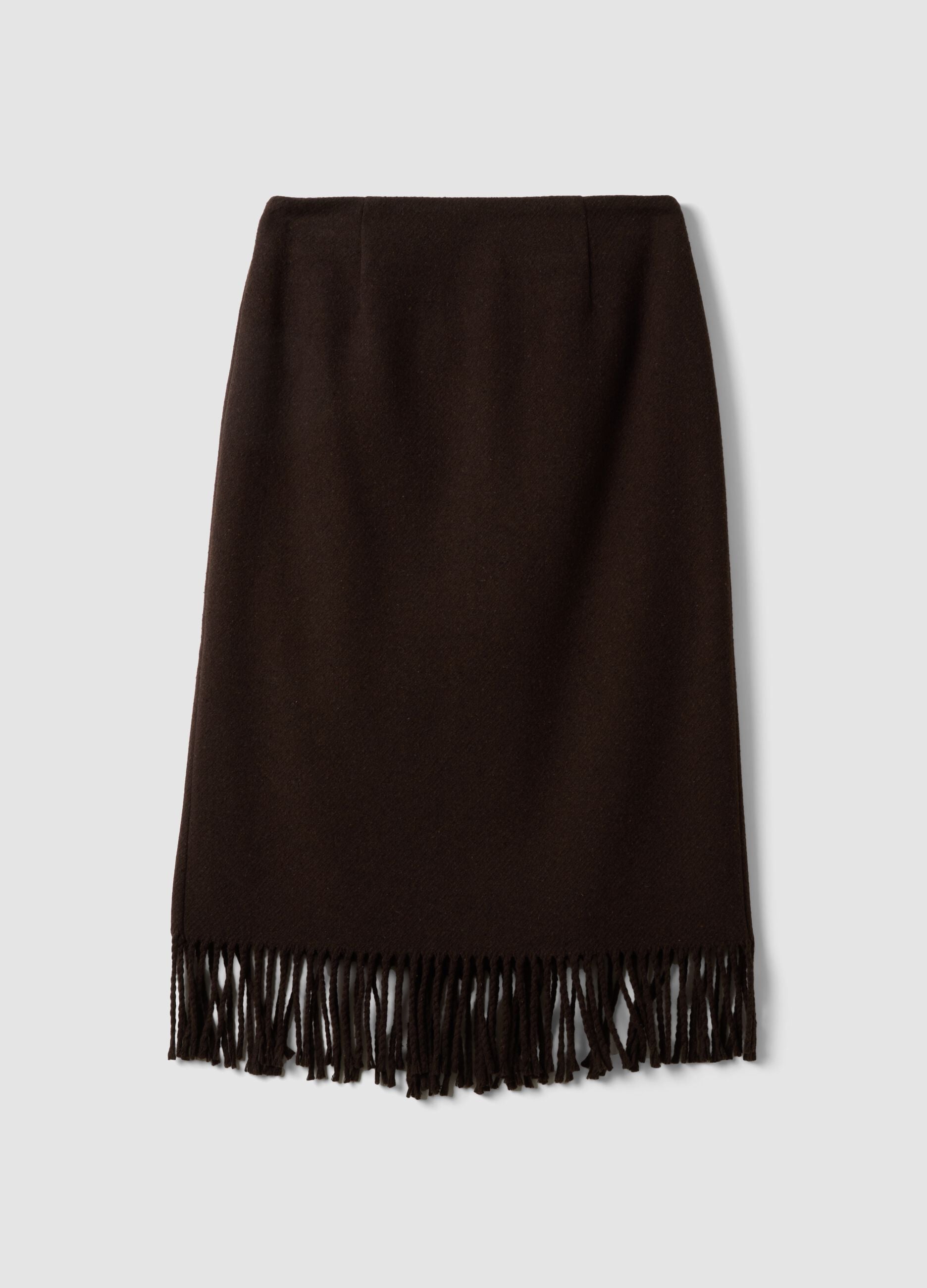 Brown viscose-wool blend skirt with fringed hem