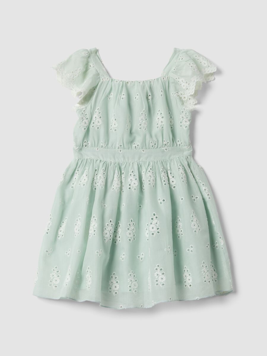 Green broderie anglaise viscose and cotton blend dress for girls, regular fit_0