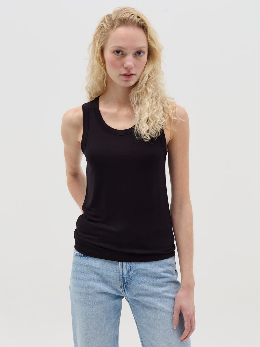 Basic black tank top in stretch viscose_0