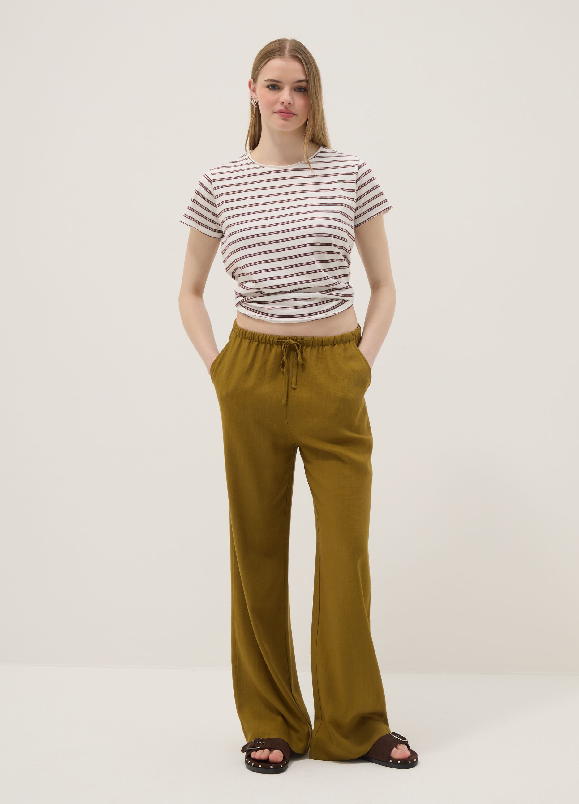 Yellow viscose and linen blend jogger trousers, relaxed fit