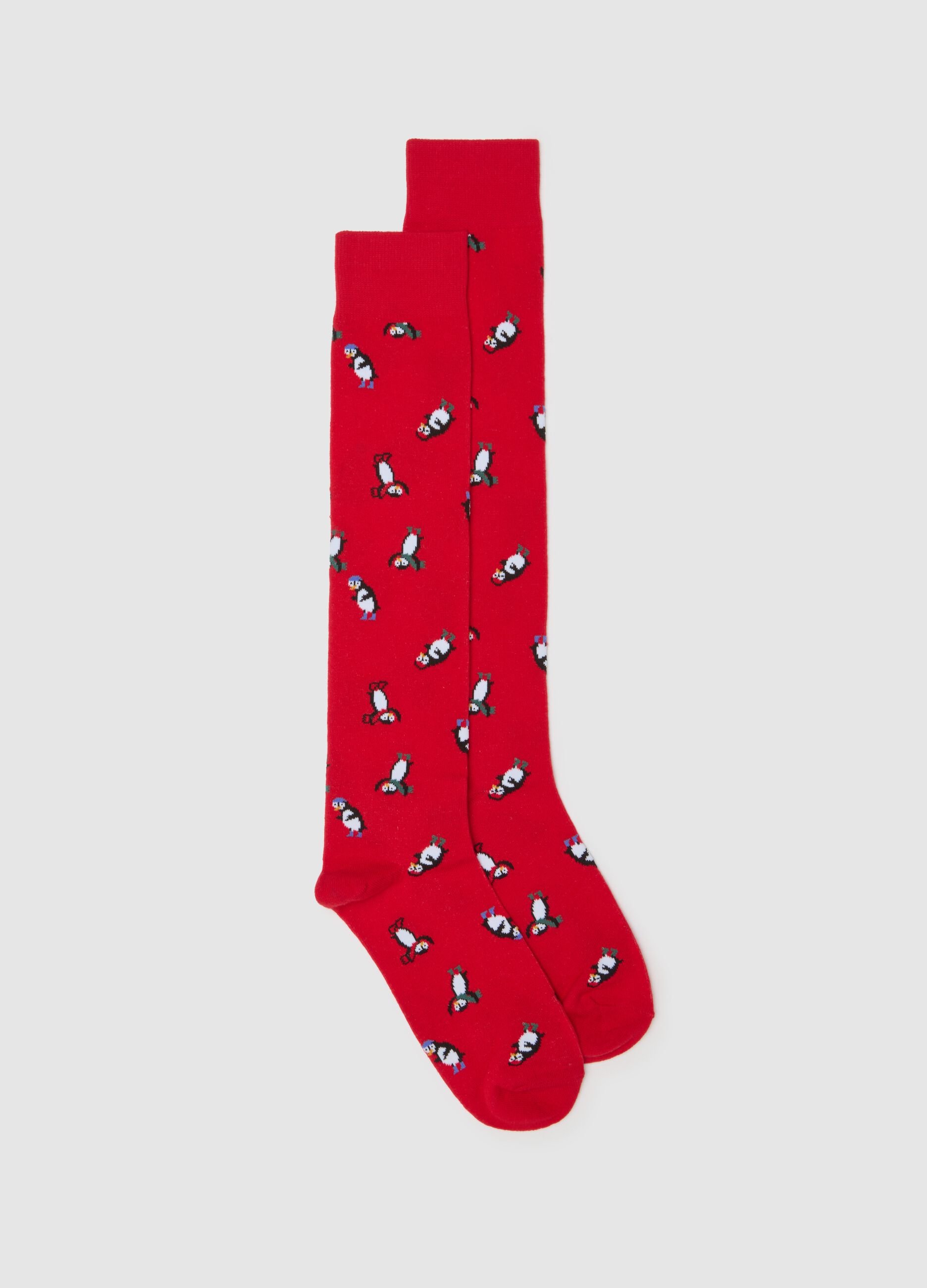 Red Cotton Blend Long Socks with Print