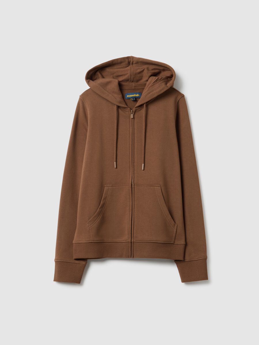 Brown cotton blend regular fit hoodie with zip_4