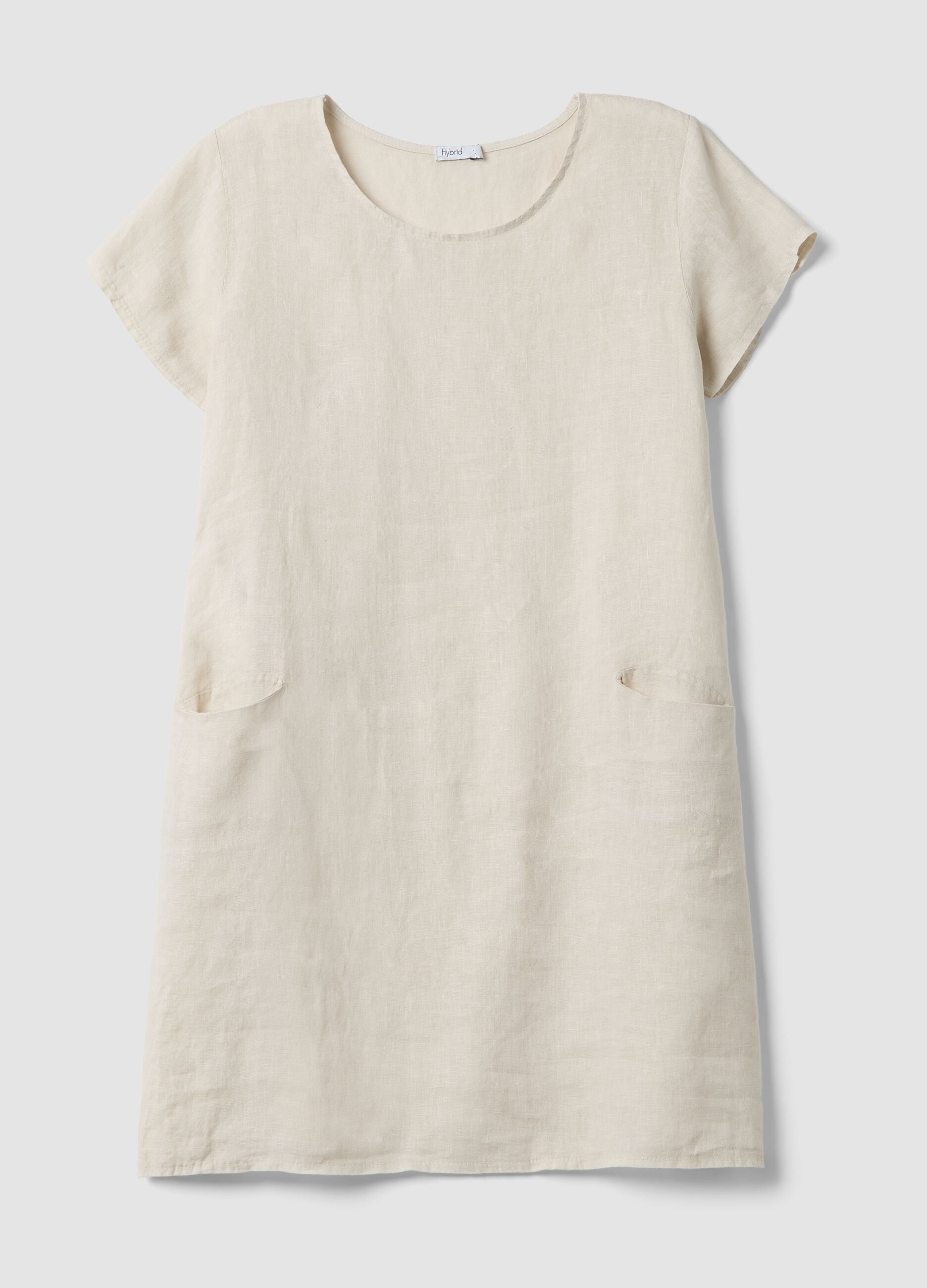 Beige pure linen dress with patch pockets, regular fit