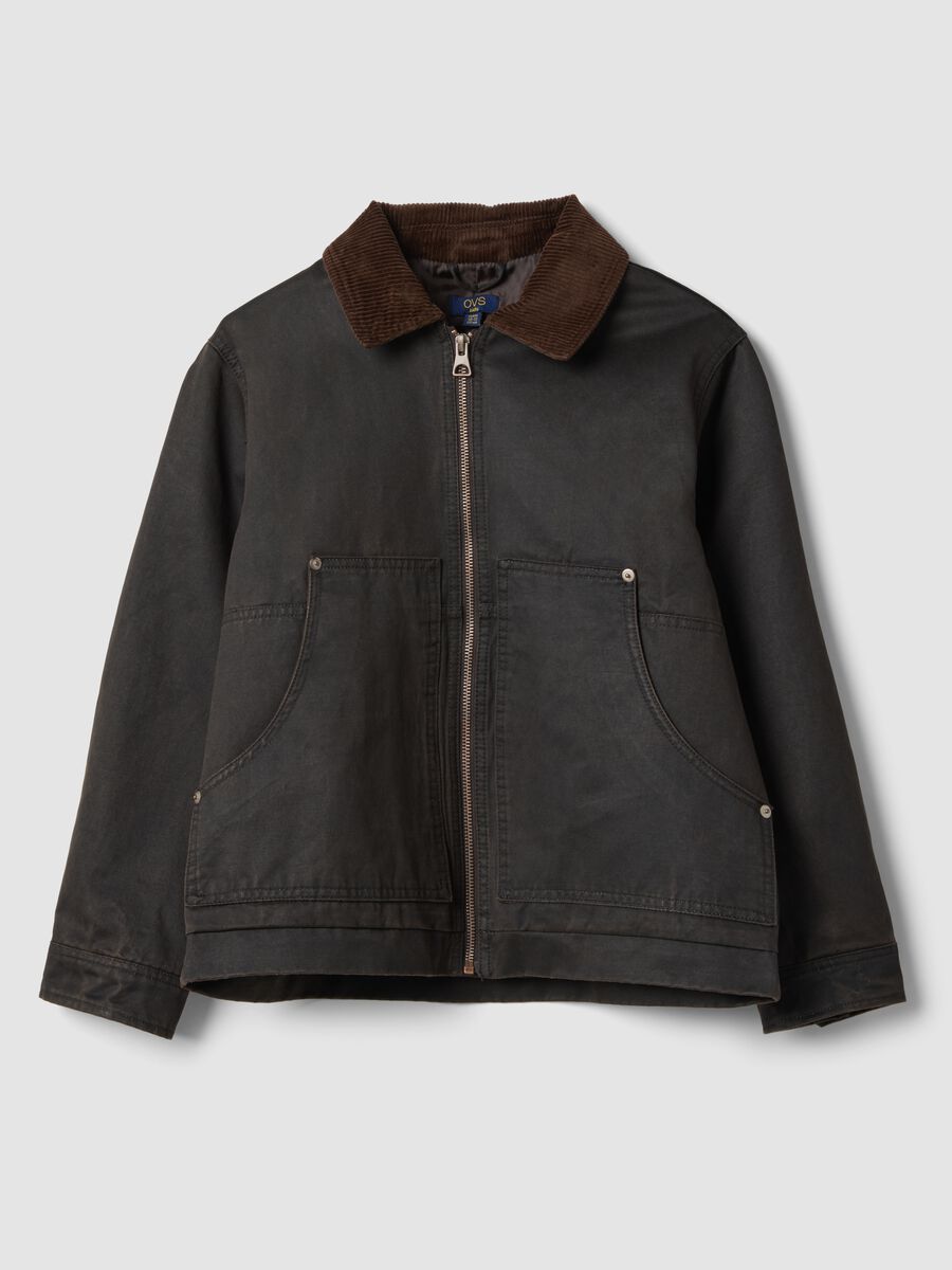 Black cotton-blend jacket with velvet collar for boys_0