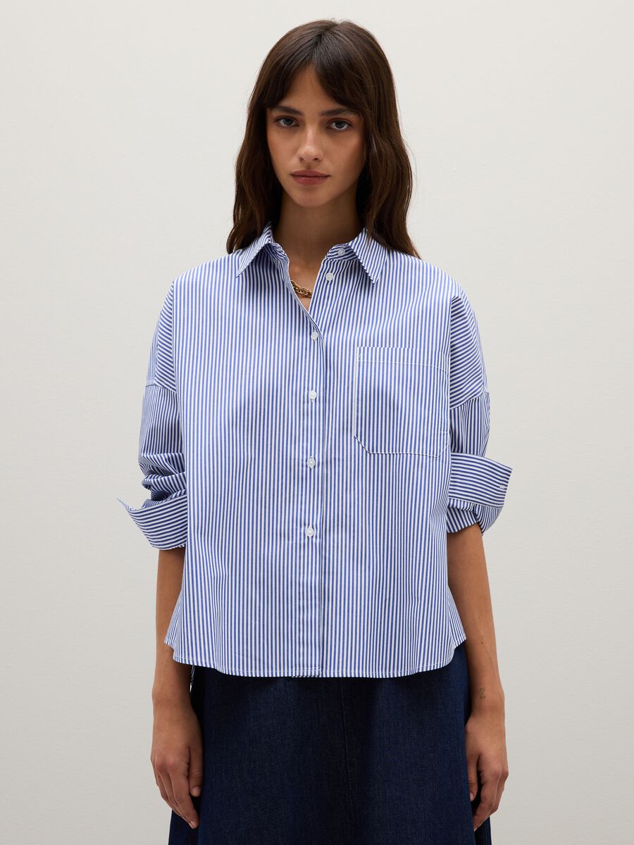 Oversized white and blue striped pure cotton shirt_1