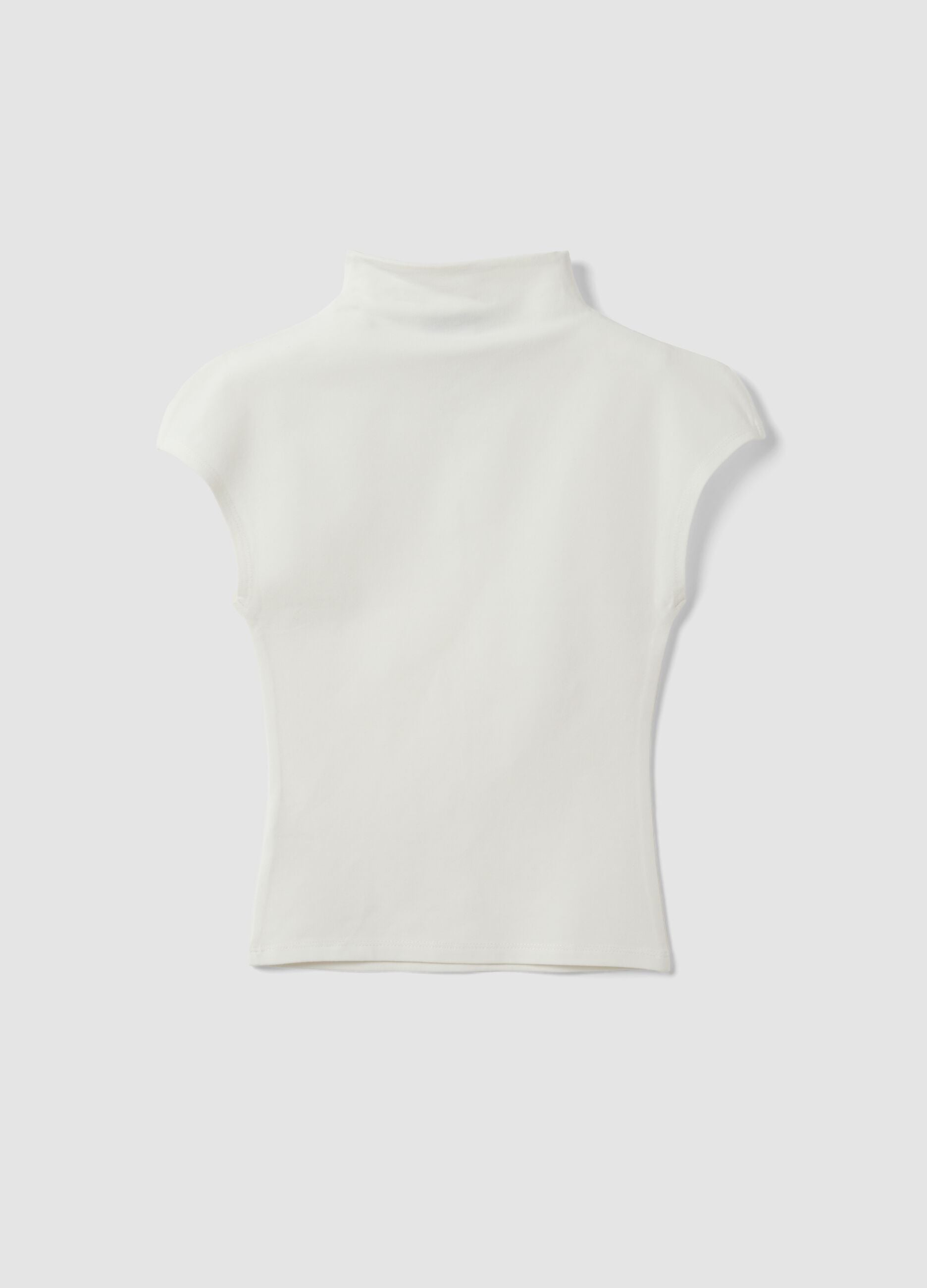 White fitted modal and stretch cotton T-shirt with high neck