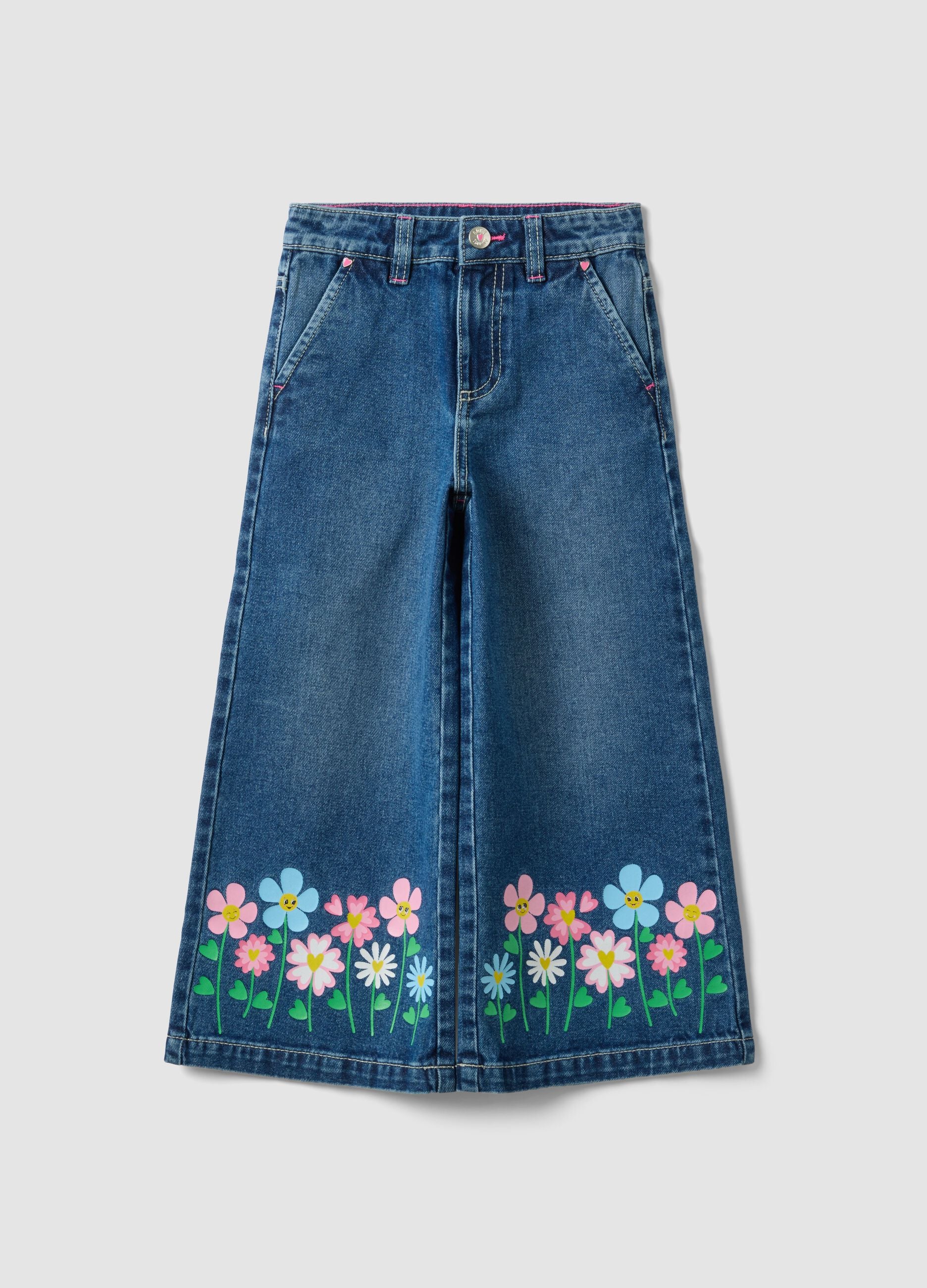 Blue wide-leg pure cotton jeans with floral print for girls