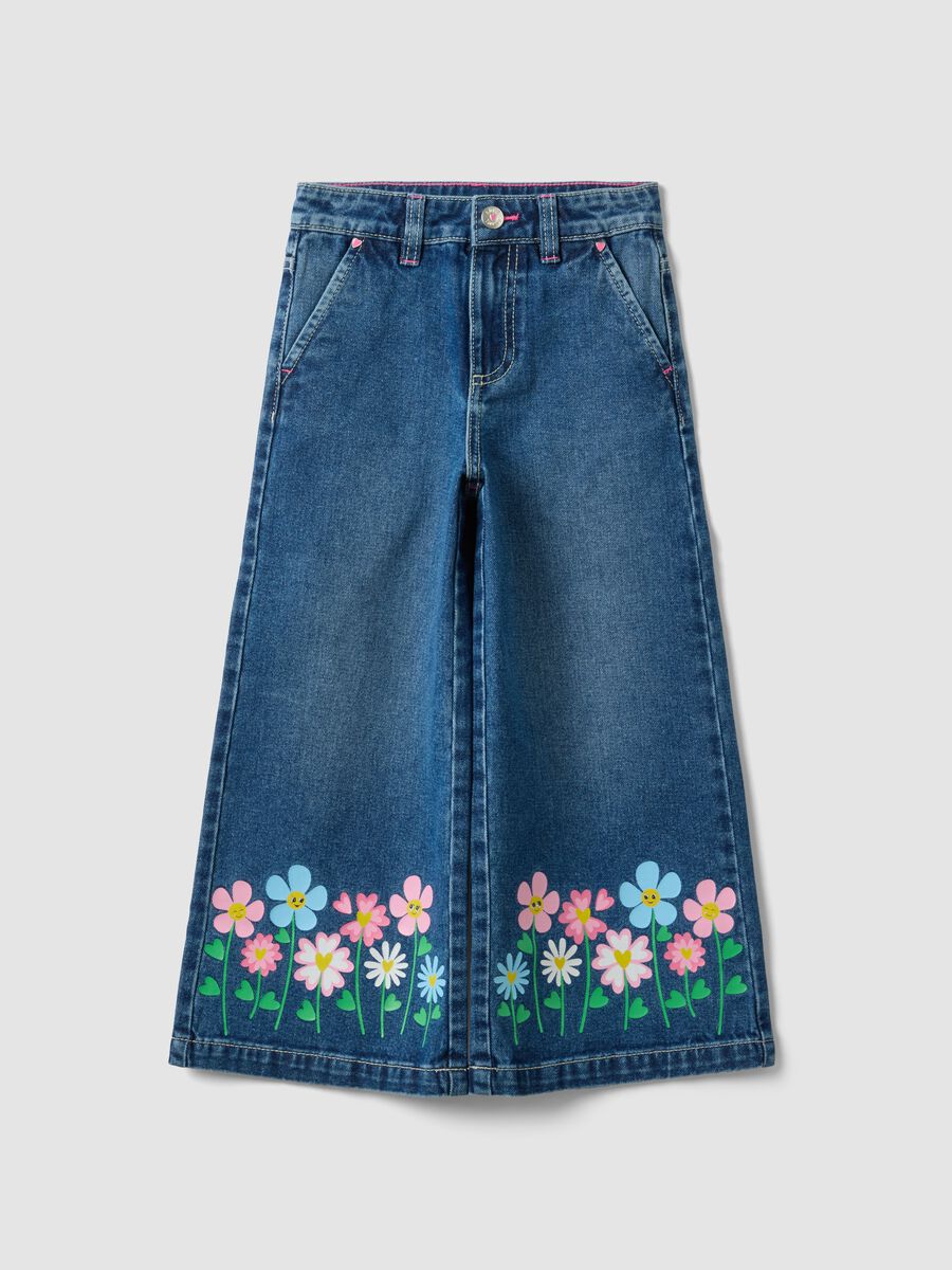 Jeans blu wide leg in puro cotone con stampa floreale per bambina_0