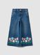 Blue wide-leg pure cotton jeans with floral print for girls_0