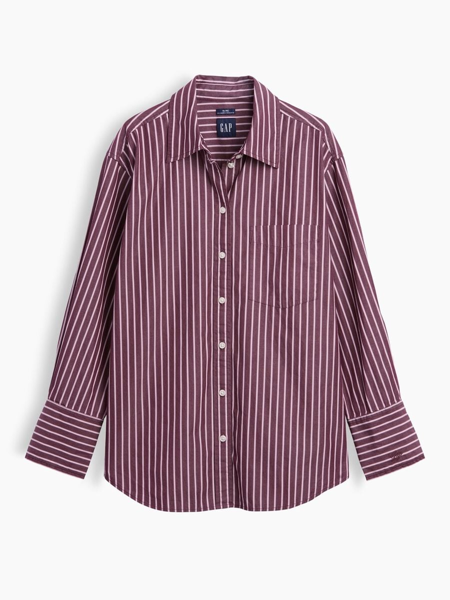 Burgundy red striped pure cotton shirt_3