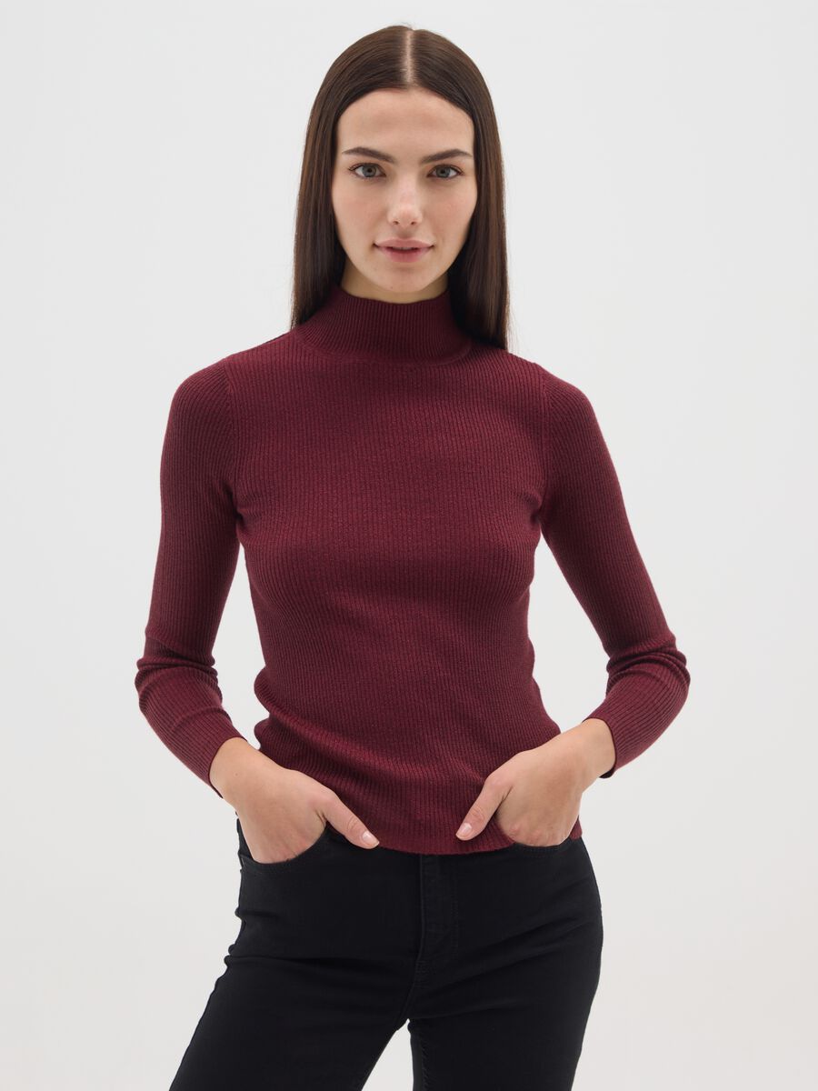 Burgundy High Neck Fitted Sweater_0