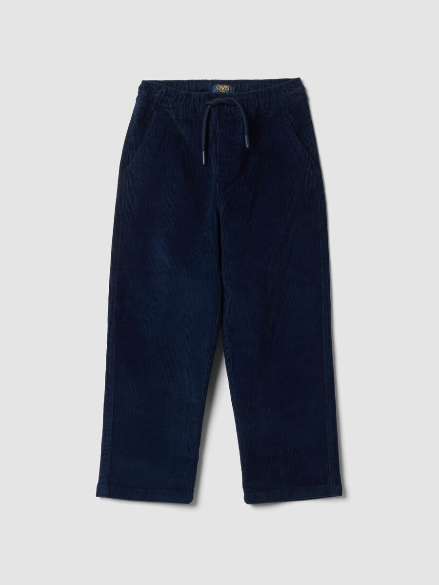 Pantaloni blu scuro in cotone elasticizzato a coste_0