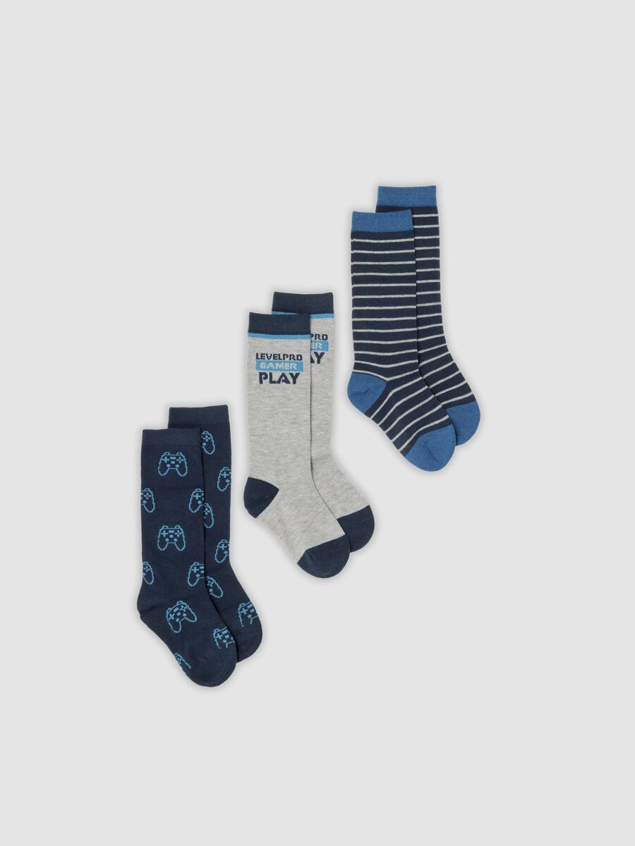 Tripack di calze lunghe blu e grigie in cotone organico elasticizzato_0