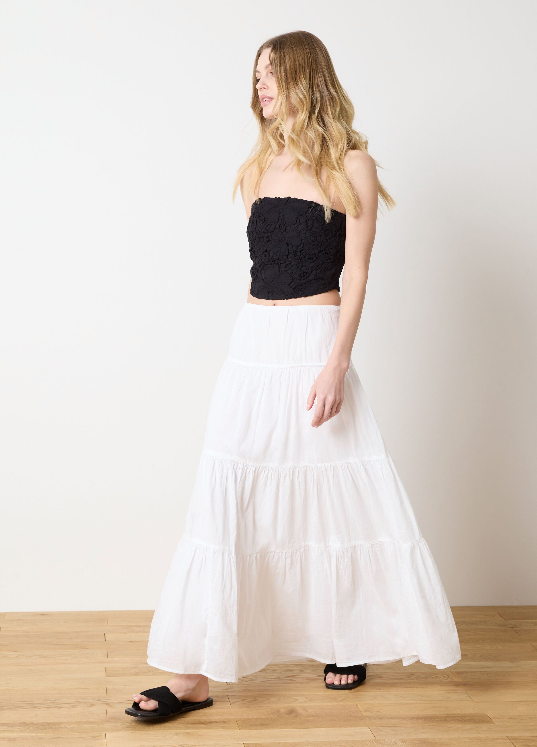 Long white tiered skirt
