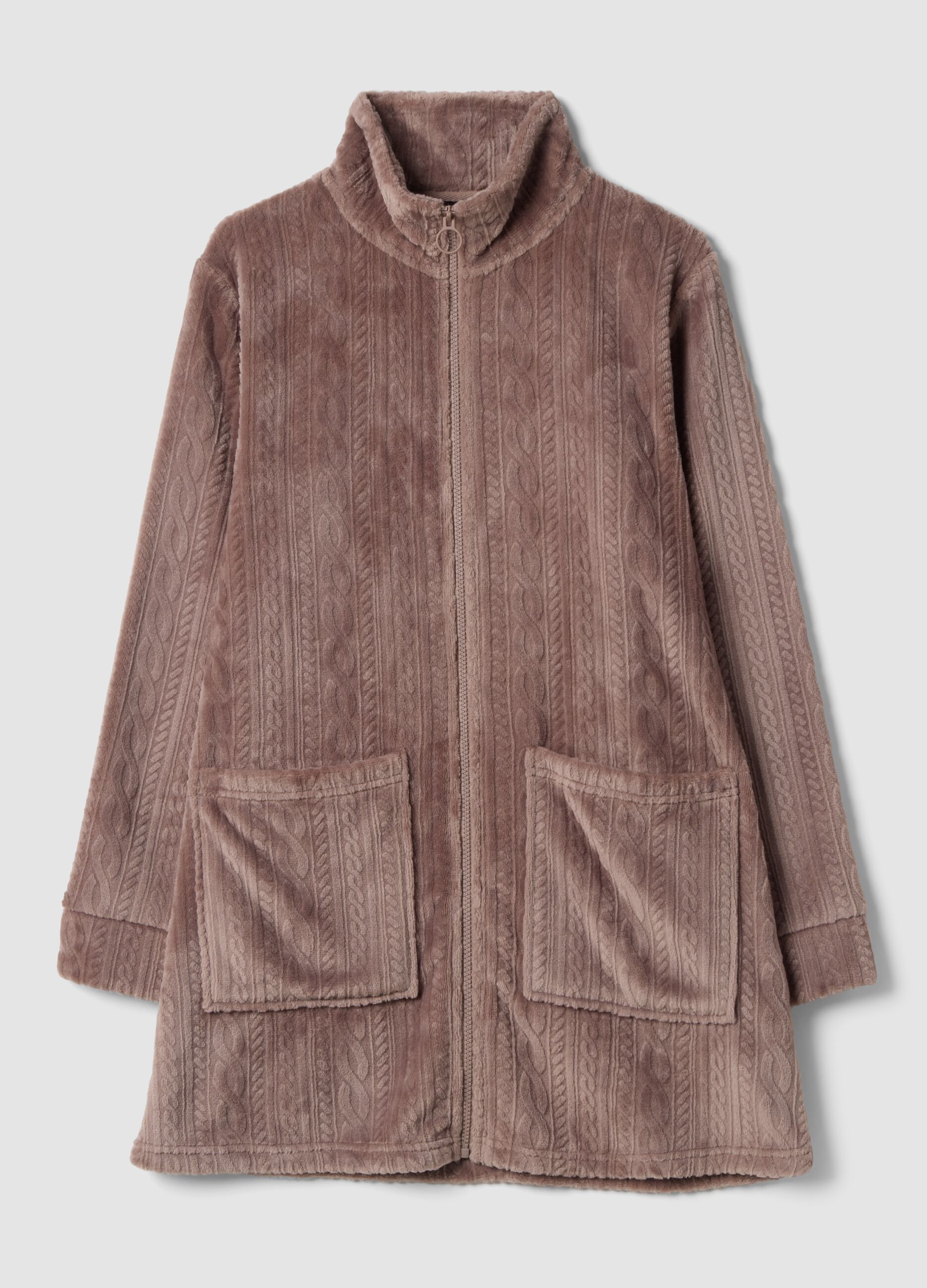 Pink zip-up dressing gown with cable-knit pattern