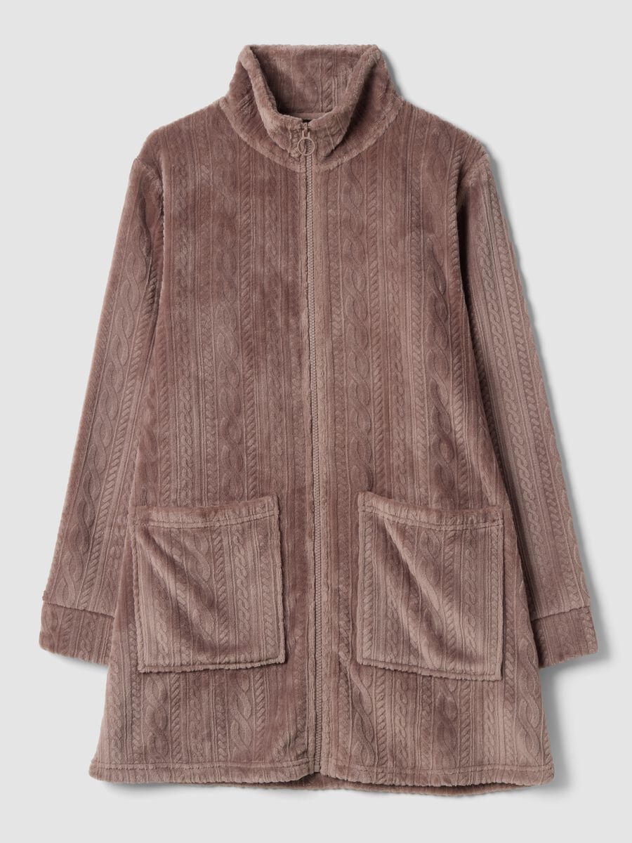 Pink zip-up dressing gown with cable-knit pattern_0