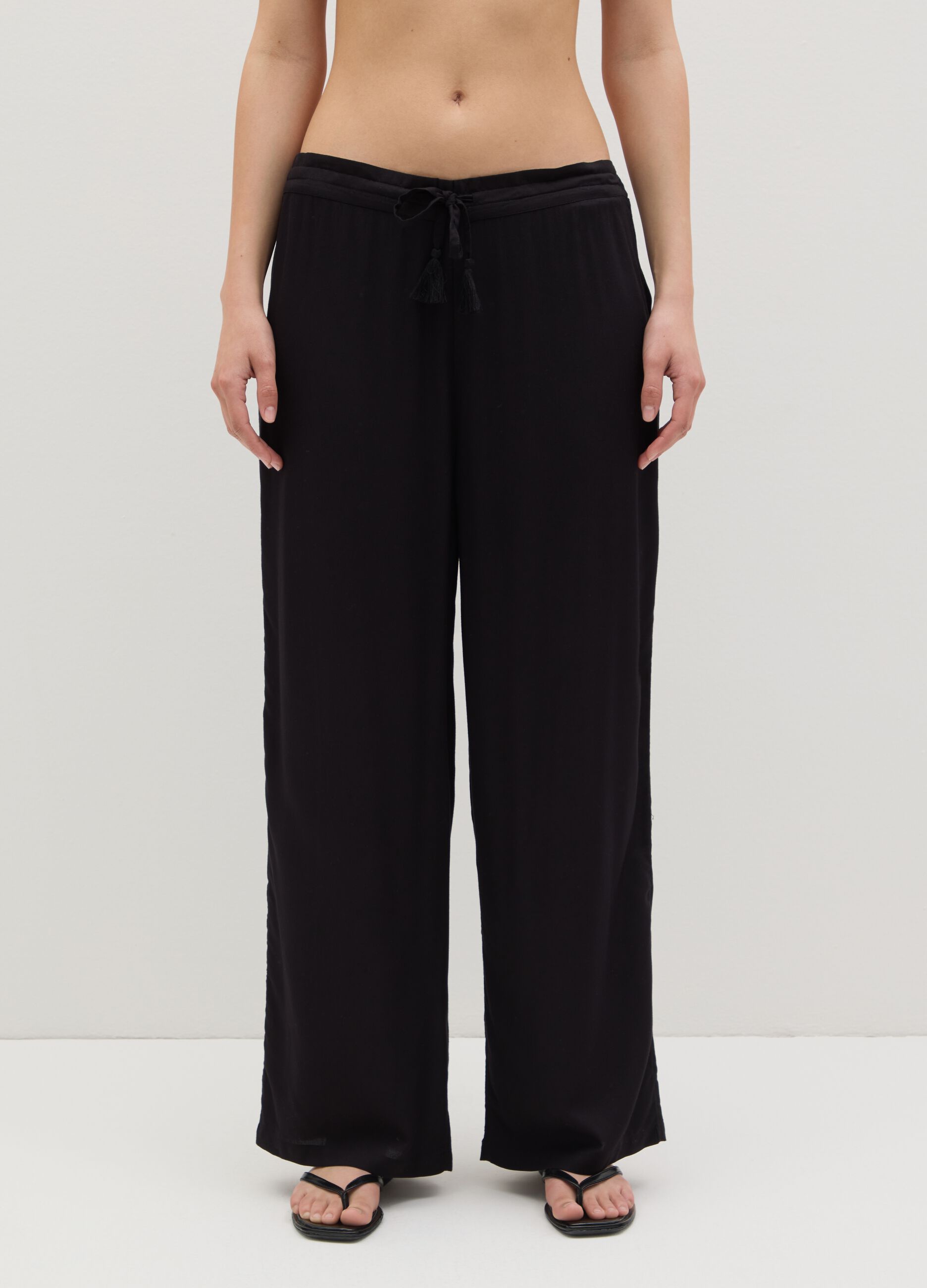 Long black beach cover-up trousers with drawstring