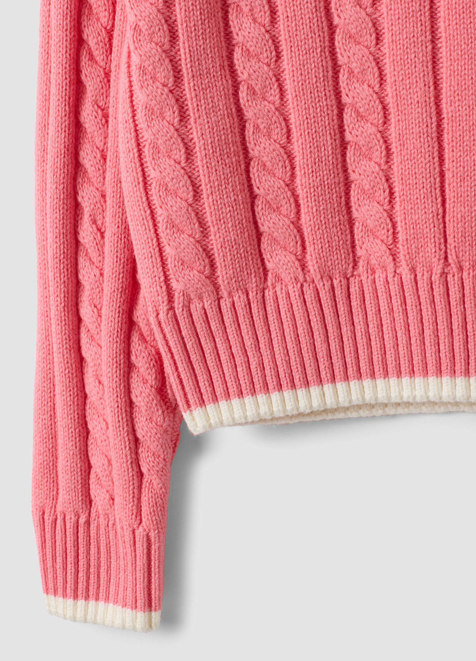 Maglia rosa in puro cotone a trecce con scollo a V per bambina