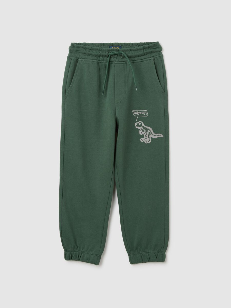Green cotton trousers with dinosaur print_0