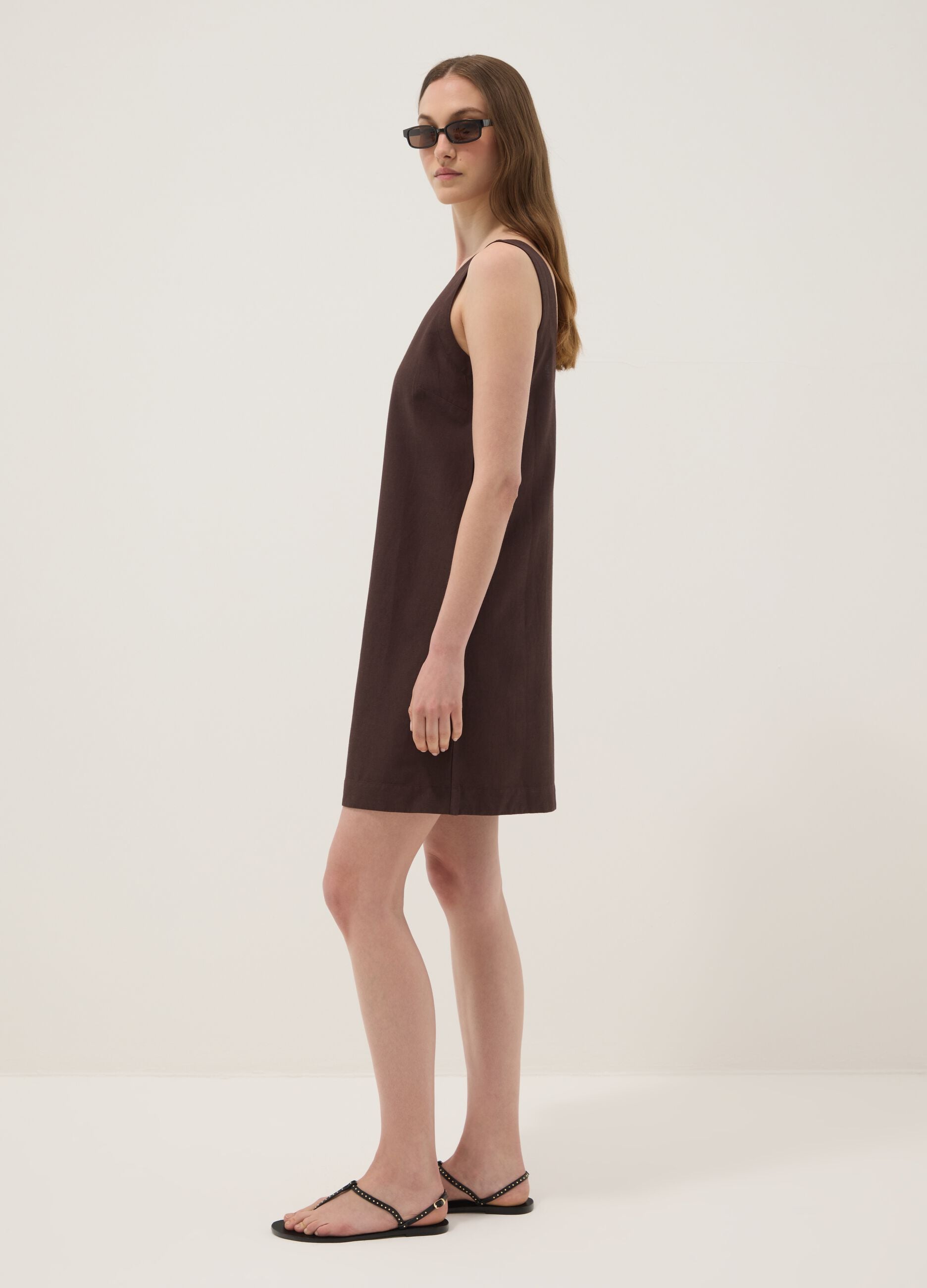 Brown regular-fit dress in a viscose, cotton and linen blend