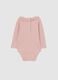 Pink cotton blend baby bodysuit with ruffled collar and long sleeves_1