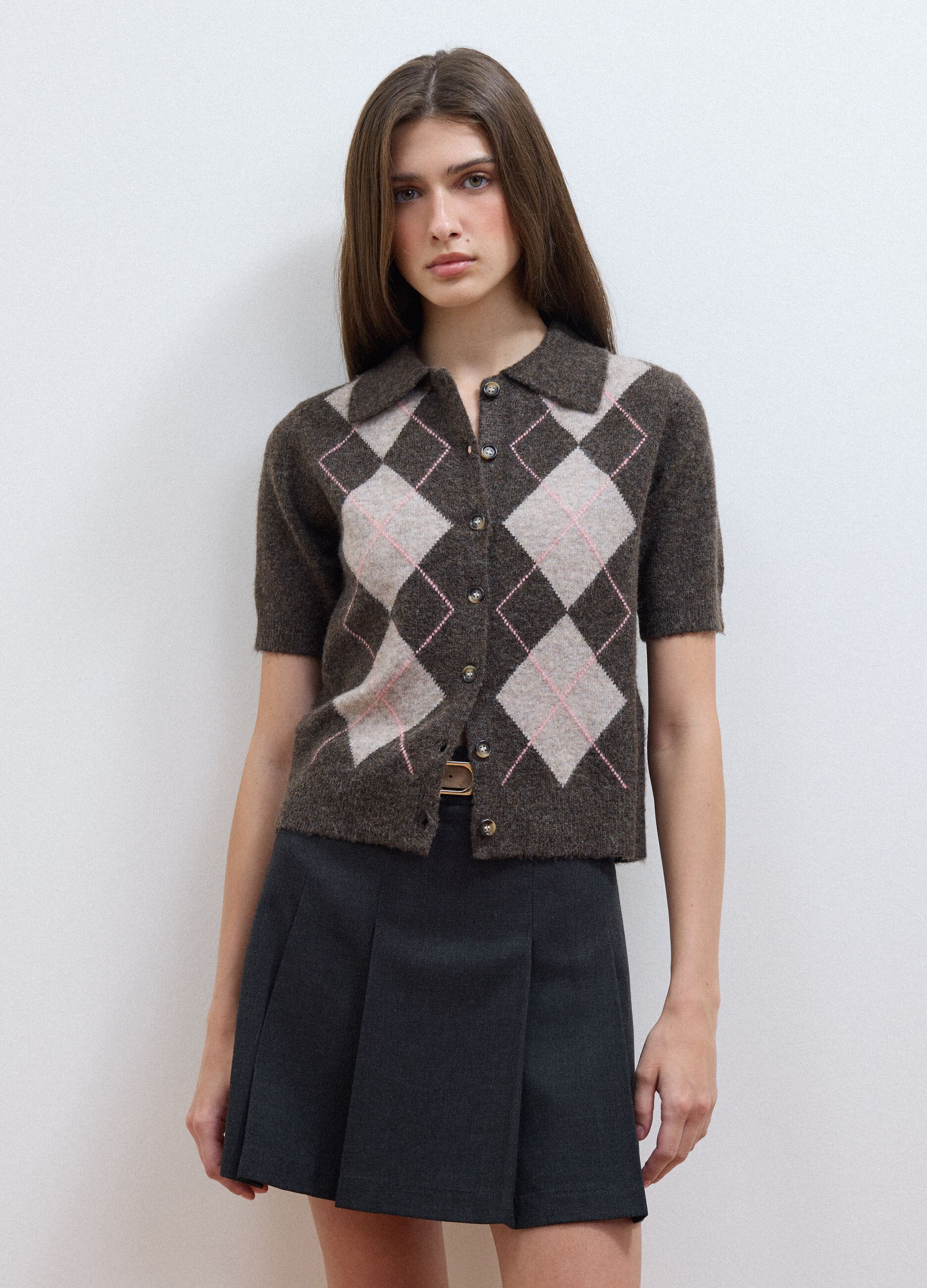 Brown stretch wool polo-collar cardigan, regular fit