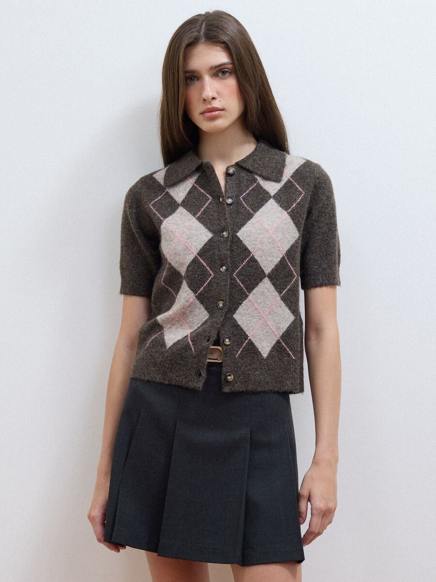 Brown stretch wool polo-collar cardigan, regular fit_1