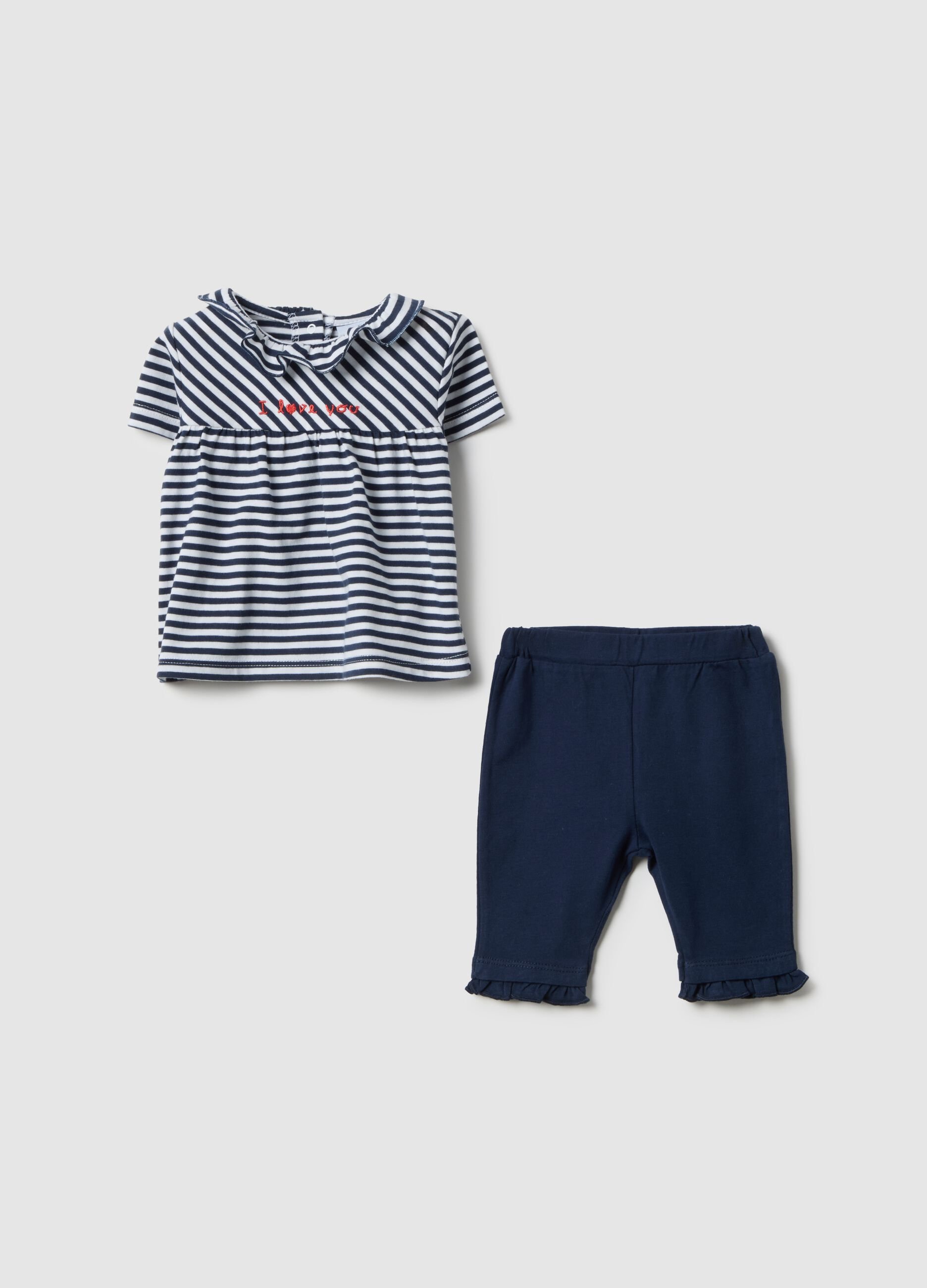 Completo in puro cotone blu con volant per bimba