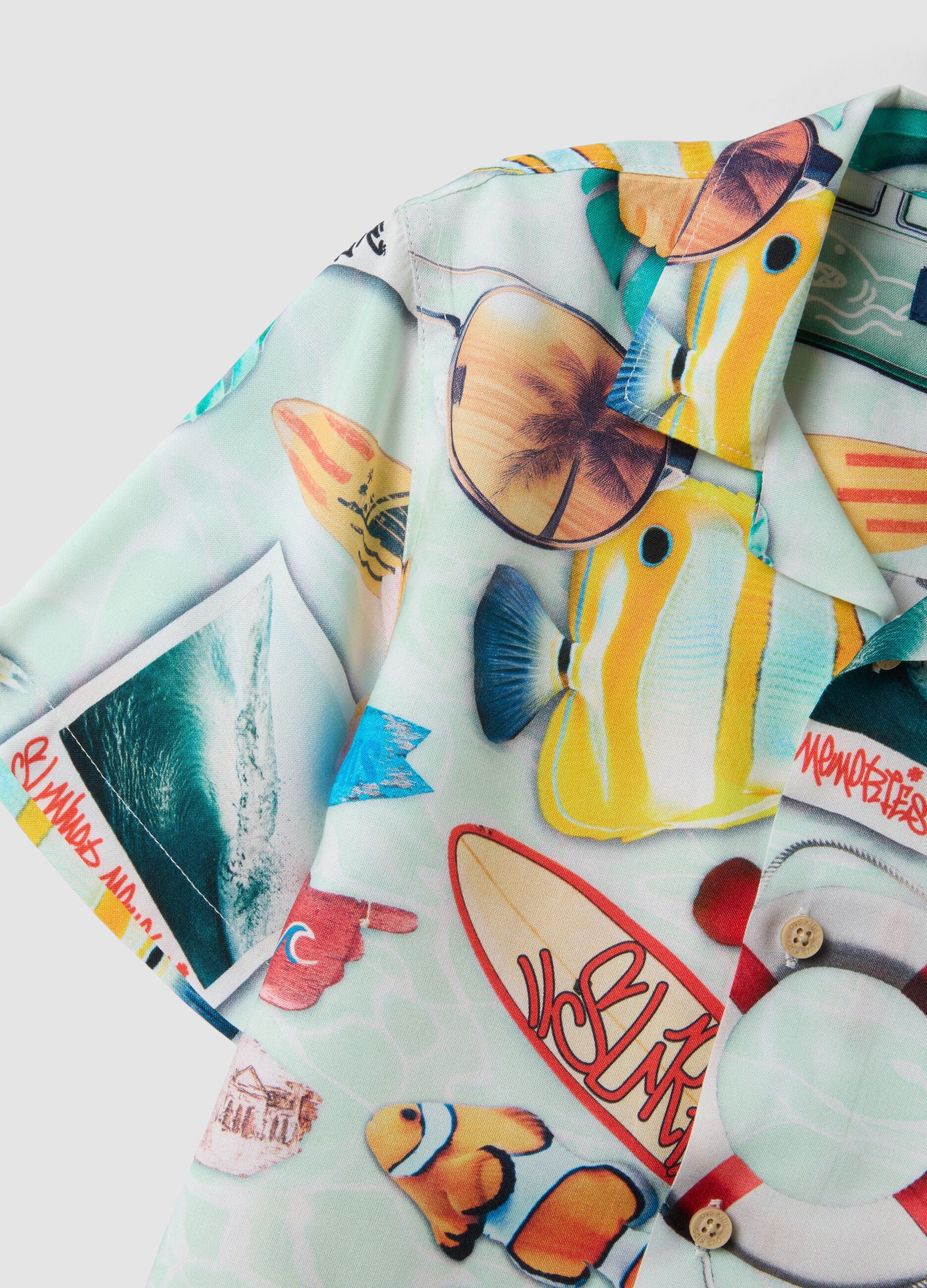 Multicolour pure viscose short-sleeved shirt