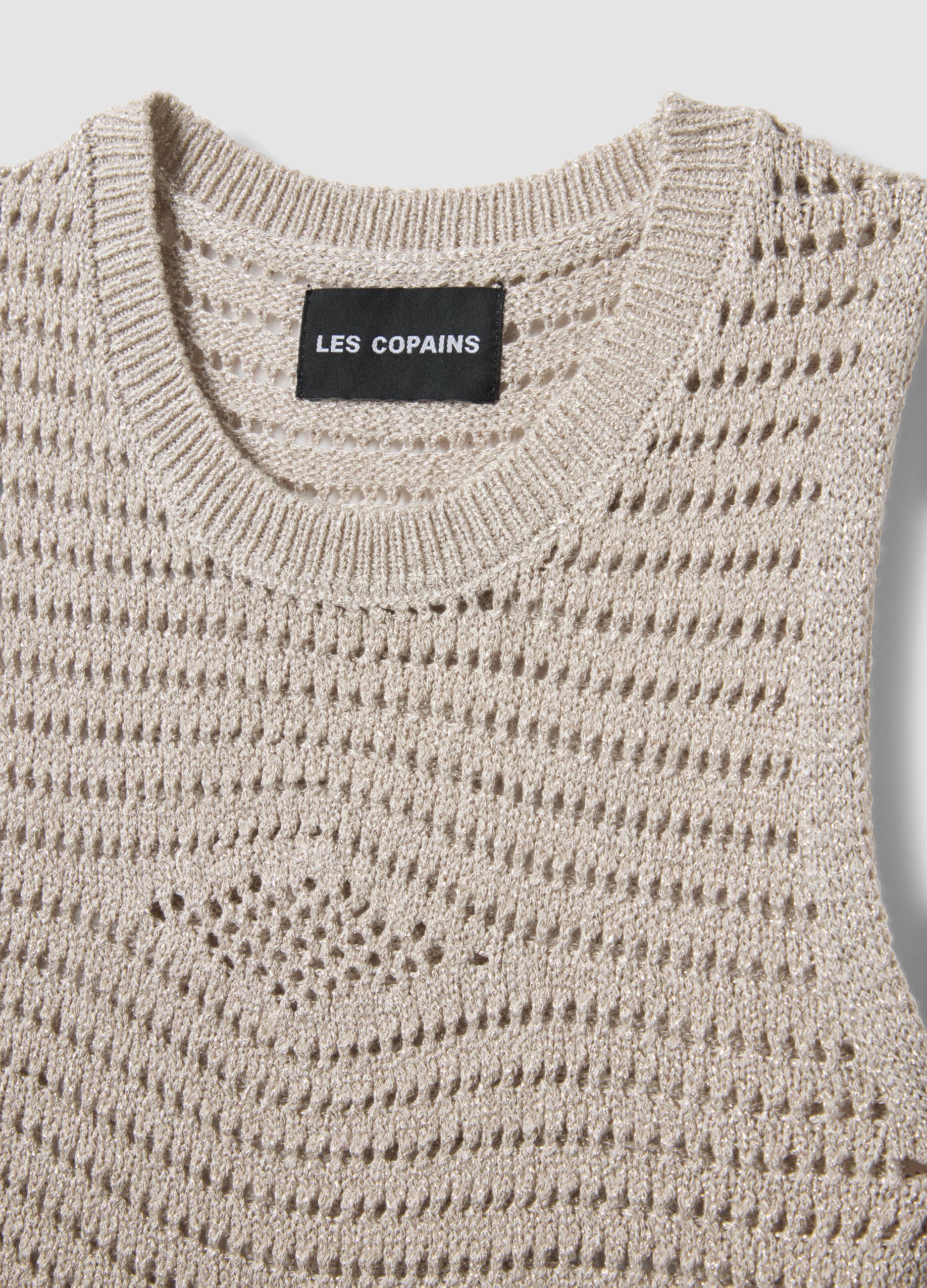 Beige open-knit viscose-blend vest top
