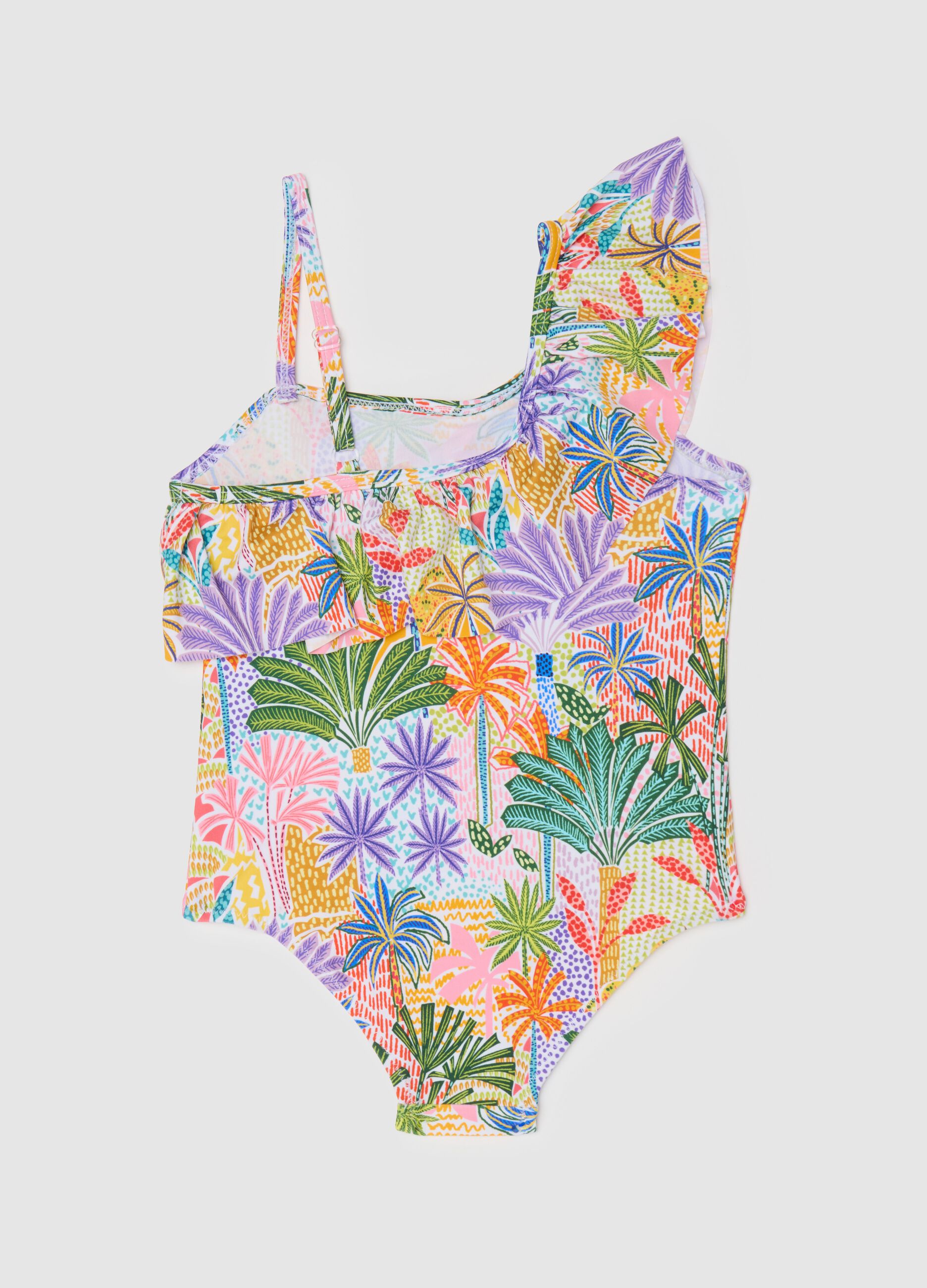 Yellow and purple swimsuit with flounce and tropical print