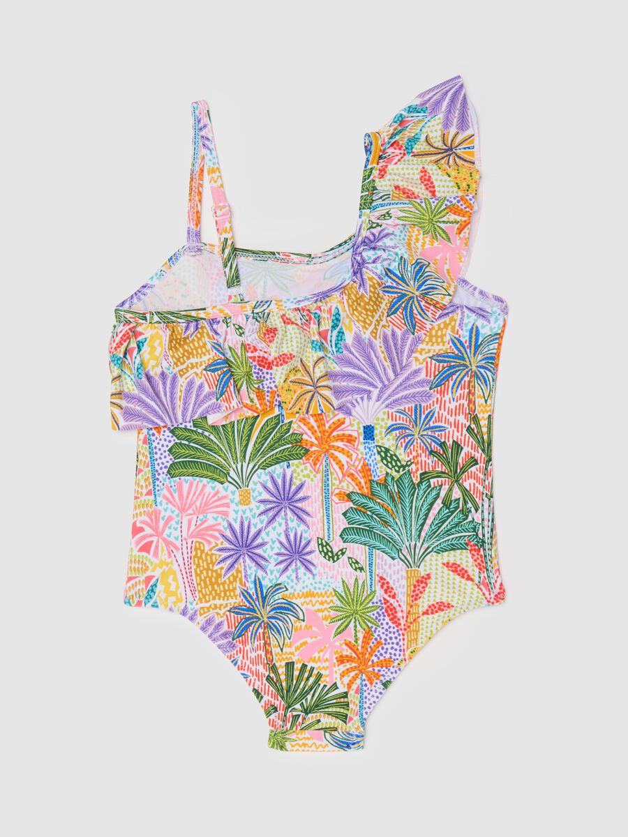 Yellow and purple swimsuit with flounce and tropical print_1