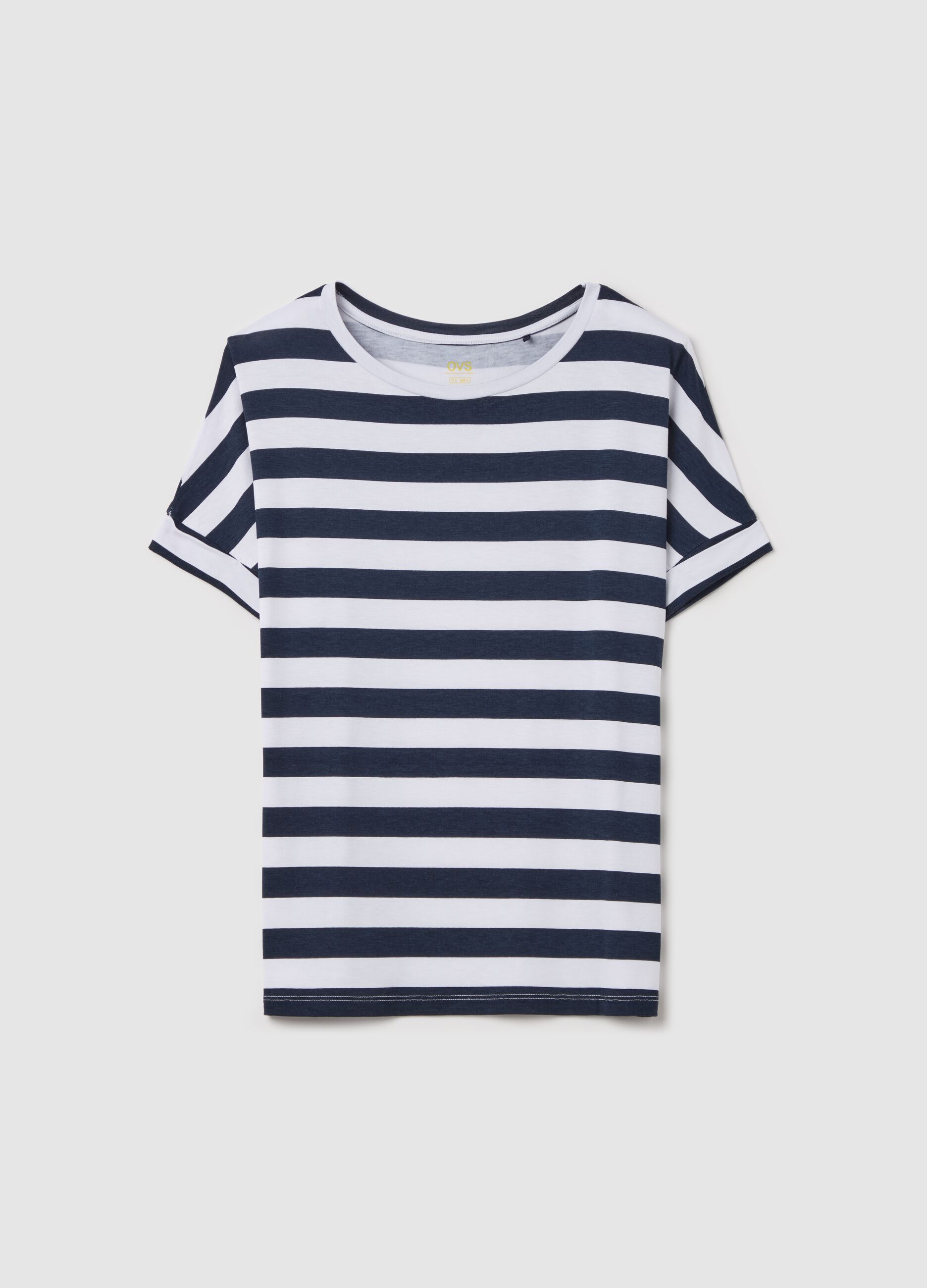 Blue and white striped T-shirt with short sleeves